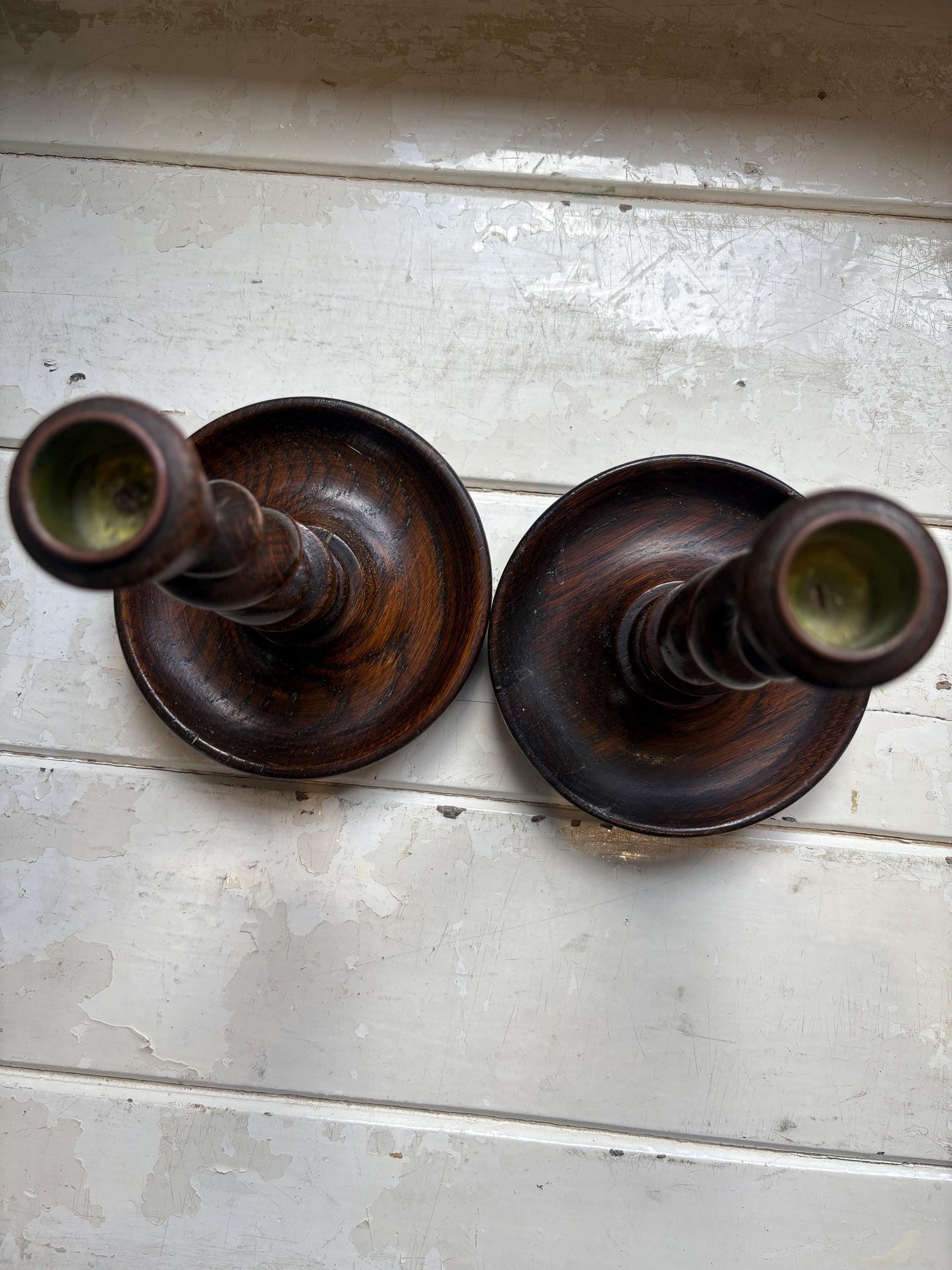 Antique Barley Twist Oak Candlesticks.