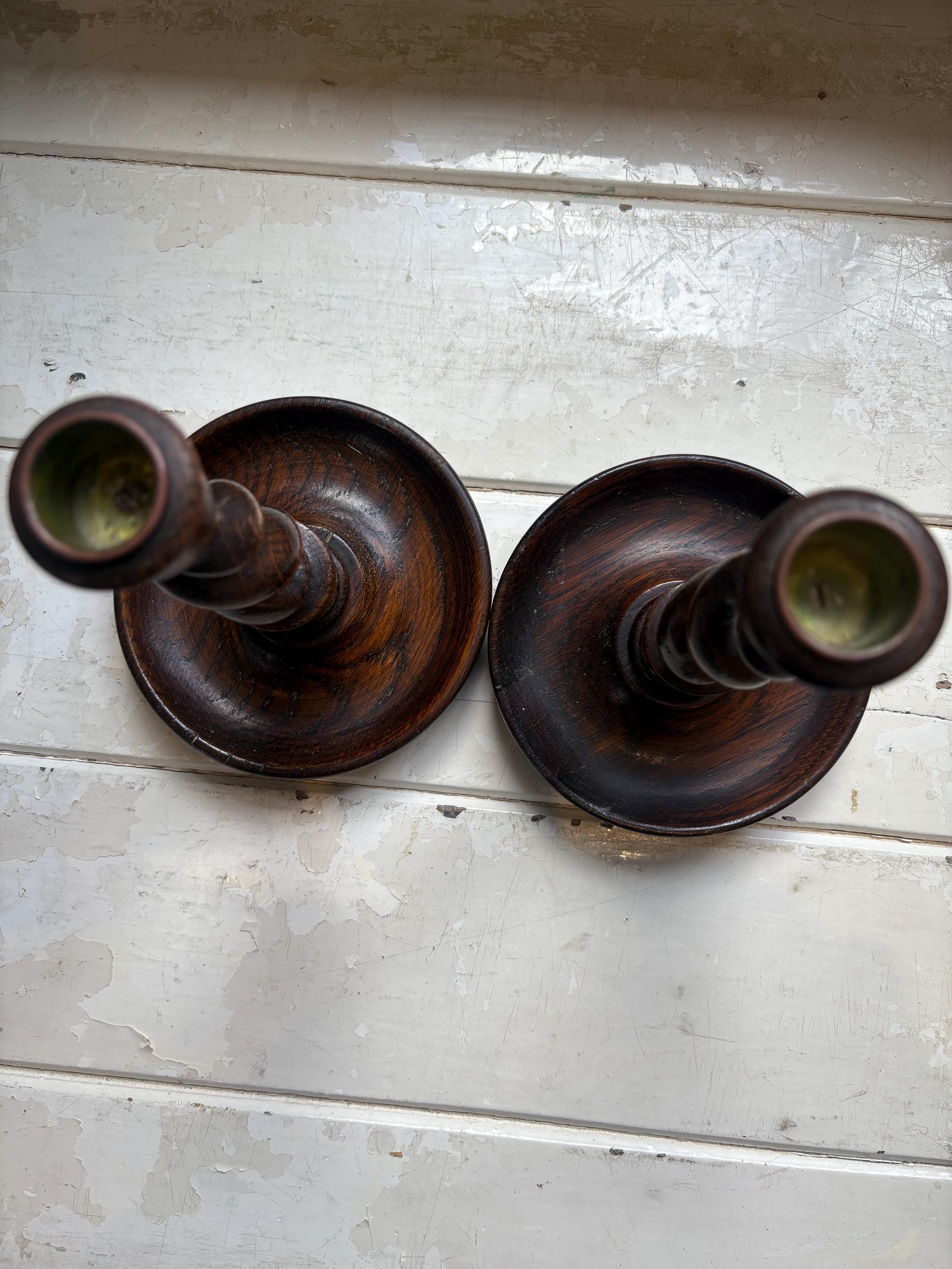Antique Barley Twist Oak Candlesticks.