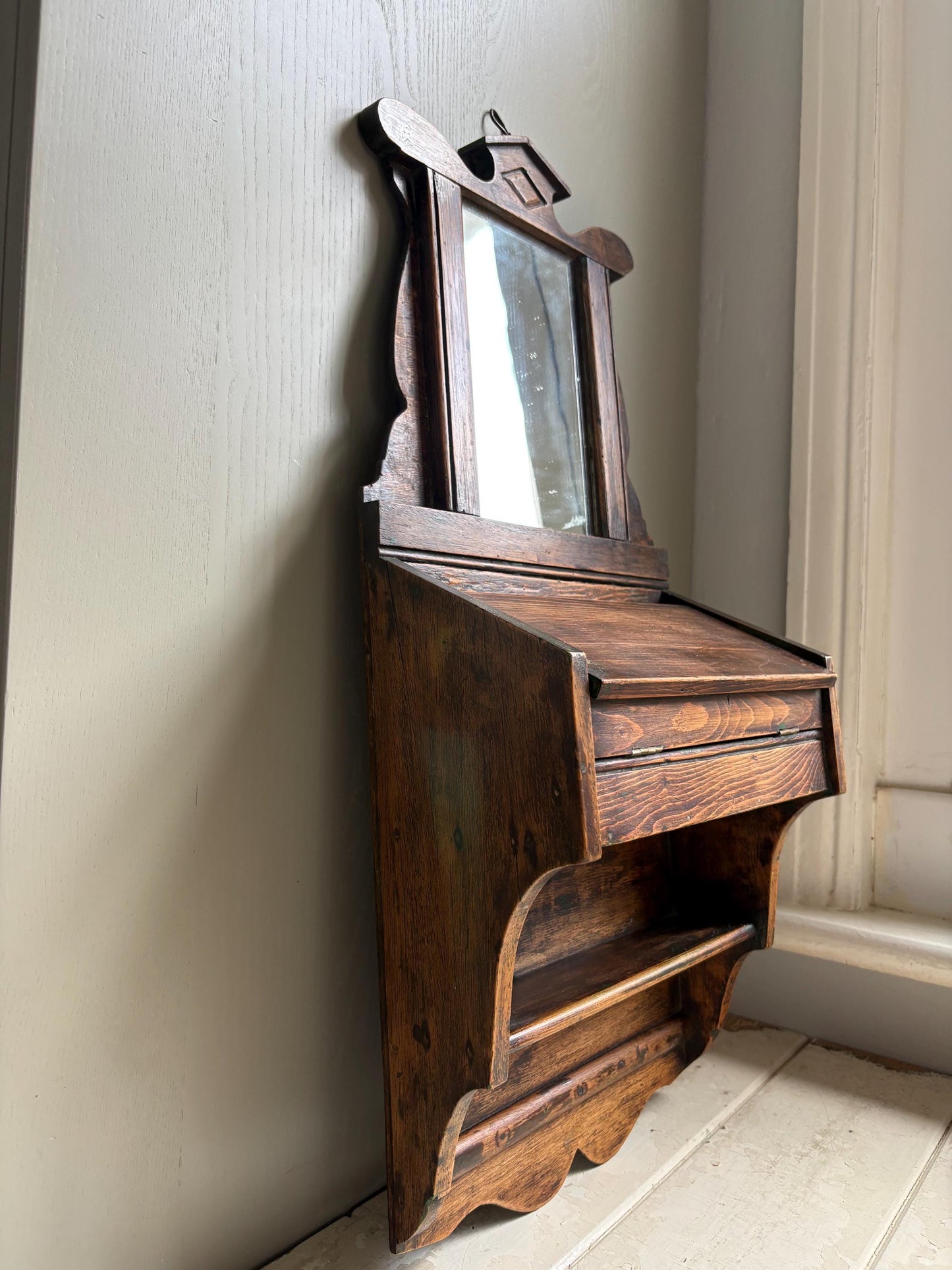 Antique Hanging Mirror With Glove Box, Shaving Mirror, Vanity Mirror.