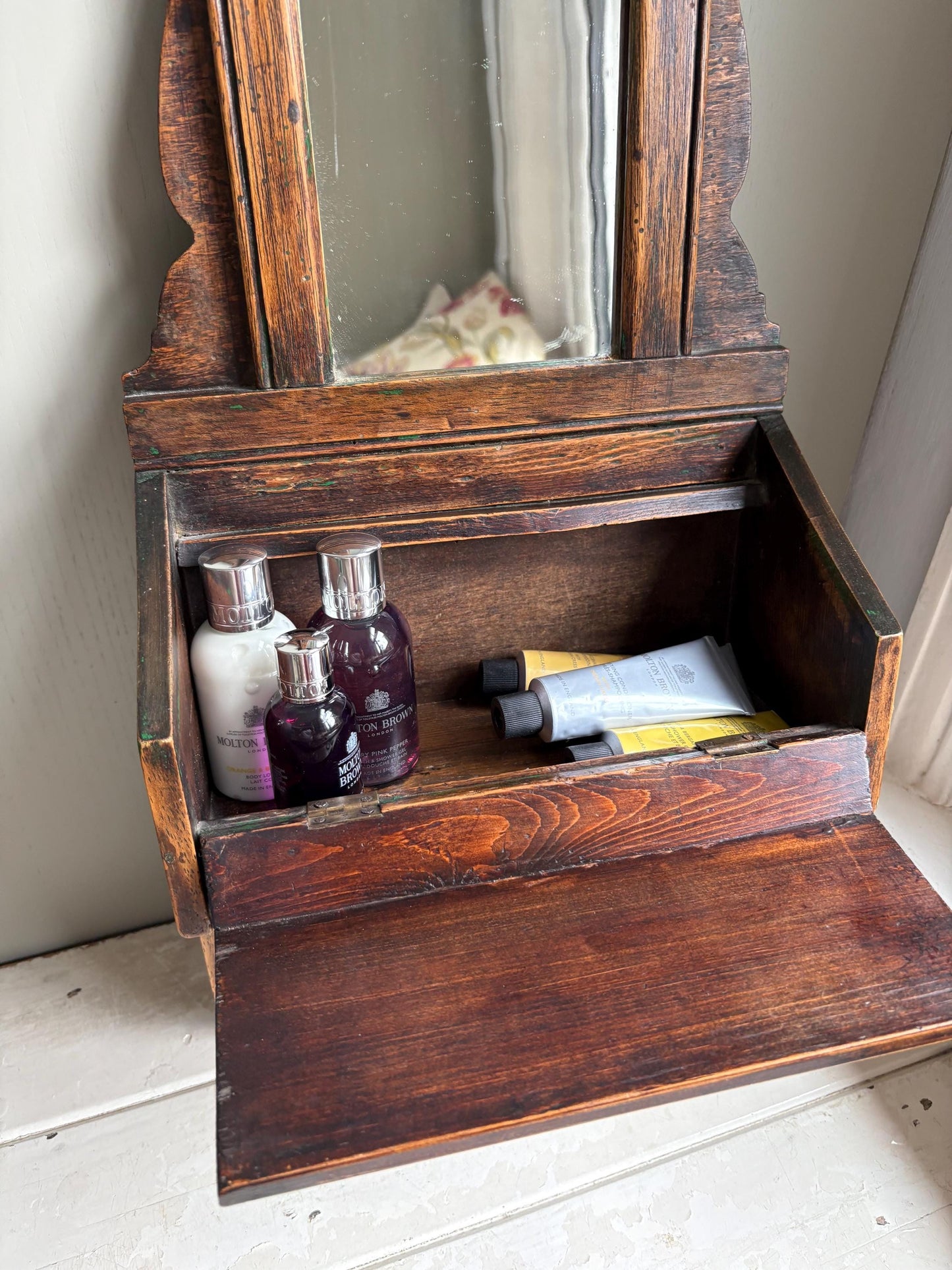 Antique Hanging Mirror With Glove Box, Shaving Mirror, Vanity Mirror.