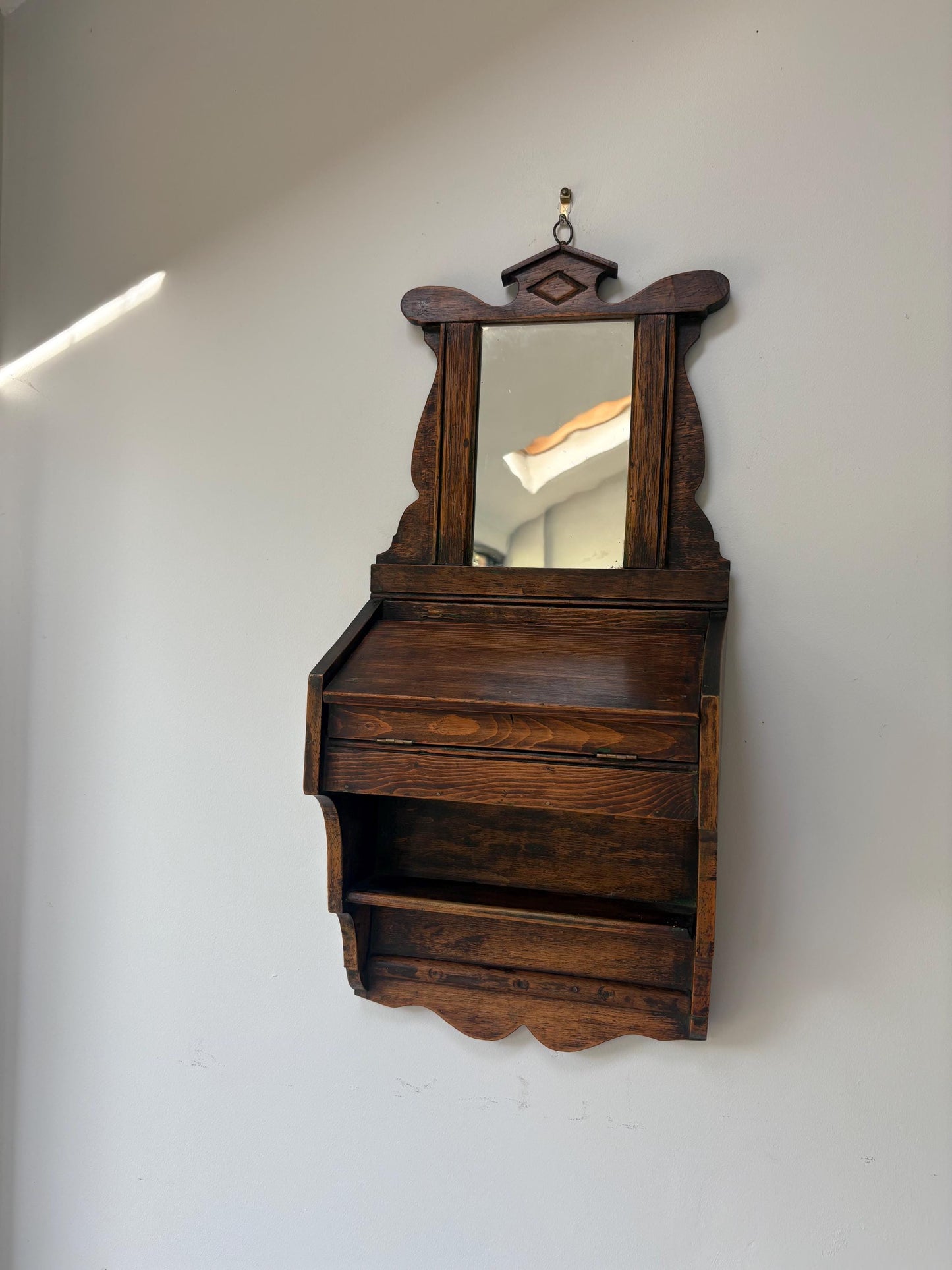 Antique Hanging Mirror With Glove Box, Shaving Mirror, Vanity Mirror.