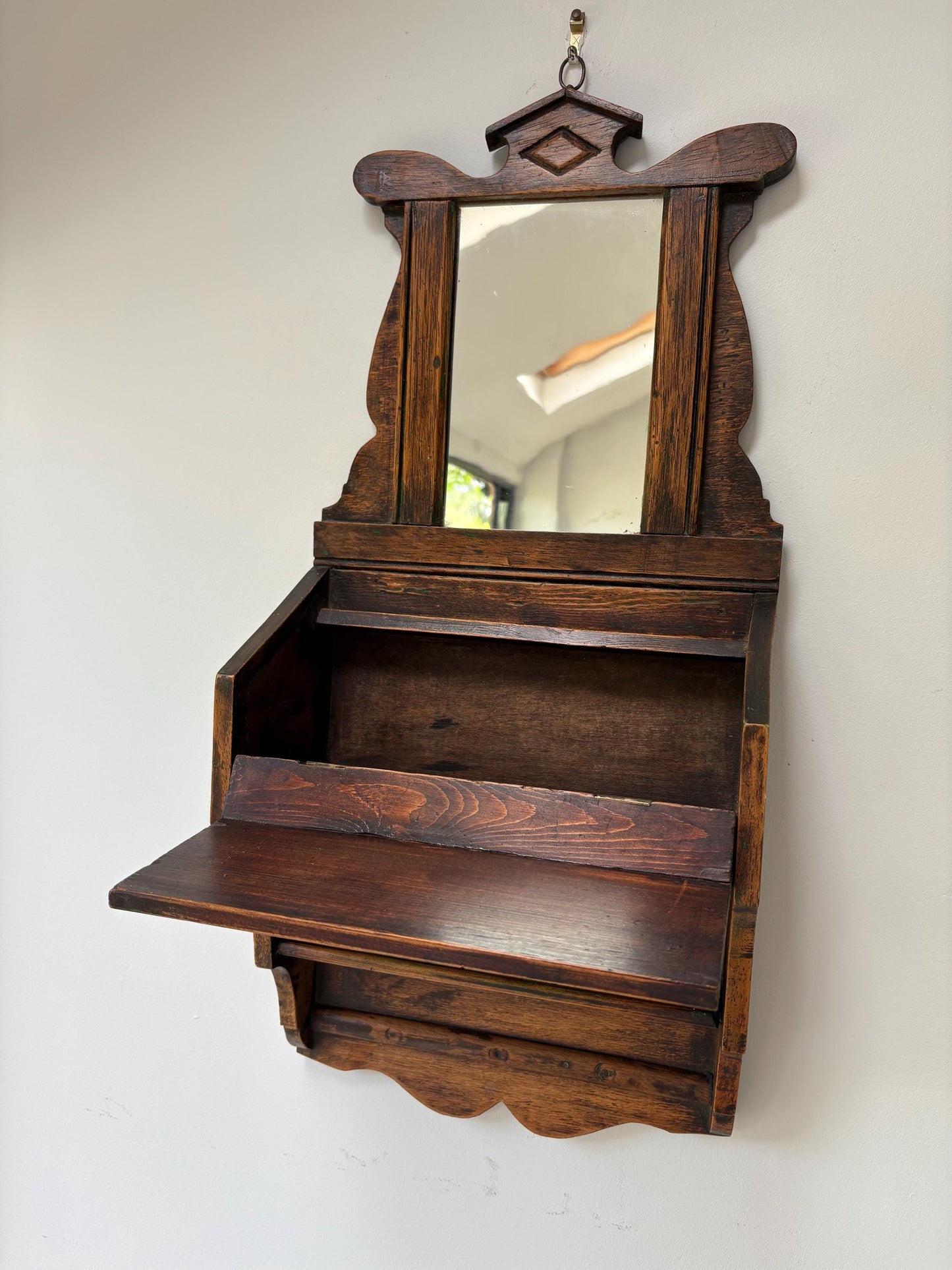 Antique Hanging Mirror With Glove Box, Shaving Mirror, Vanity Mirror.