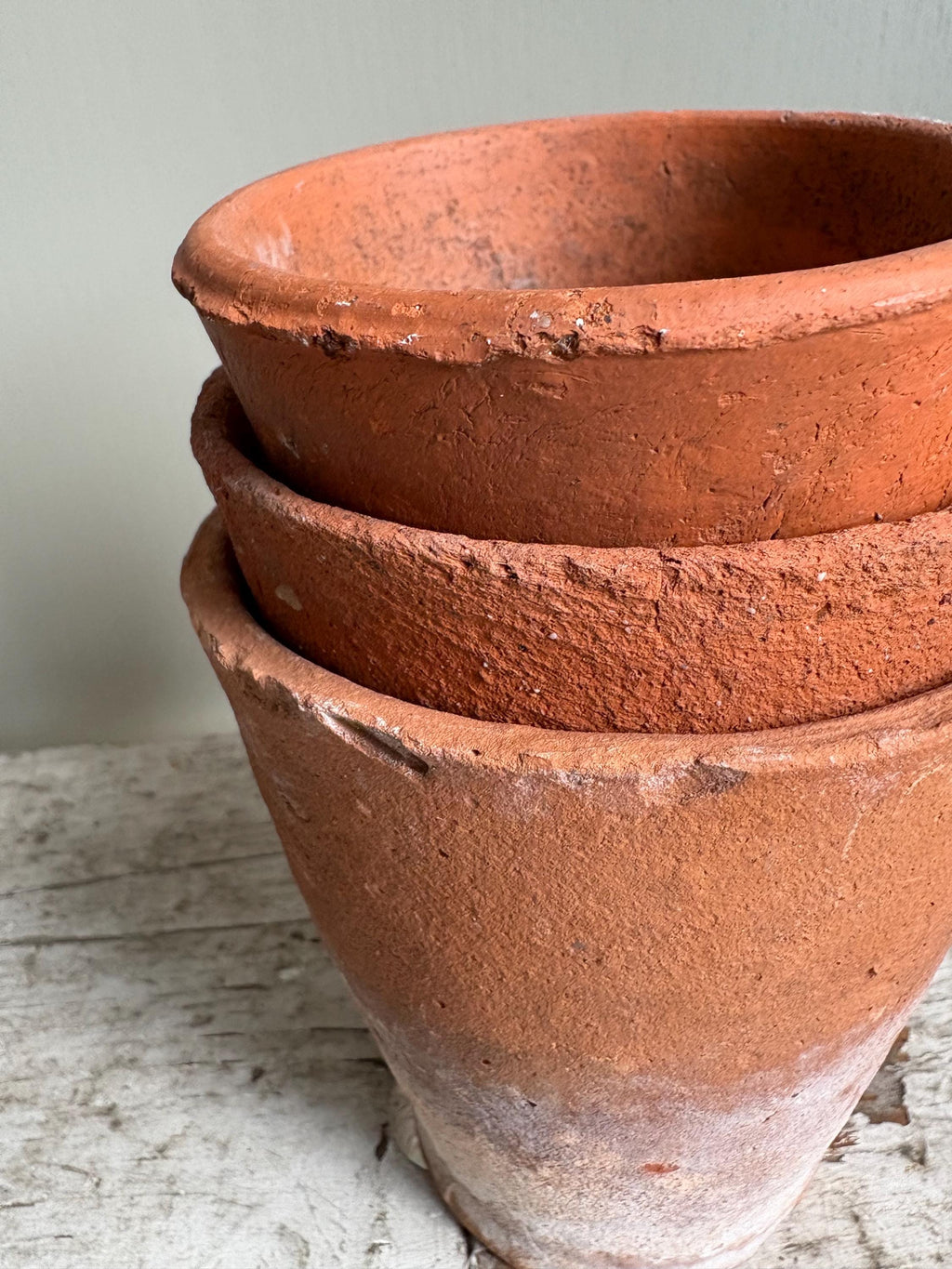 Trio of Three Old Clay Flowerpots, Terracotta Flower Pots.