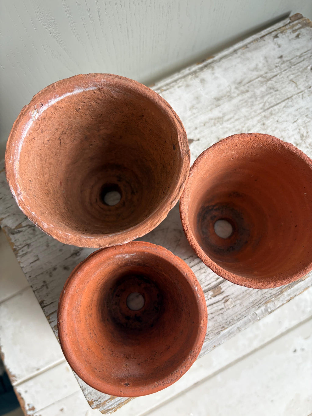 Trio of Three Old Clay Flowerpots, Terracotta Flower Pots.