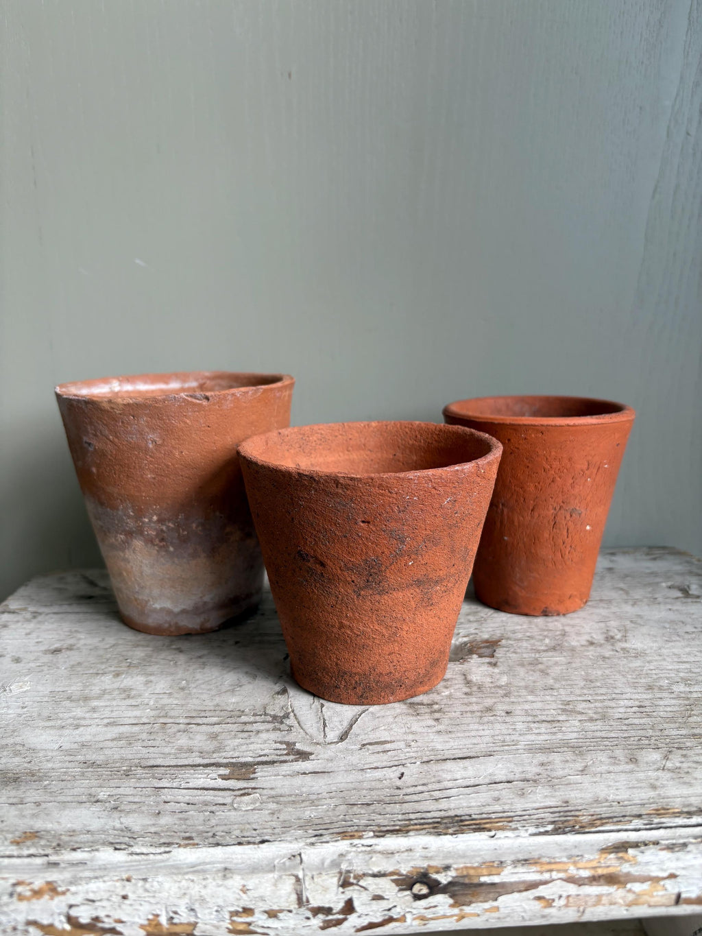 Trio of Three Old Clay Flowerpots, Terracotta Flower Pots.