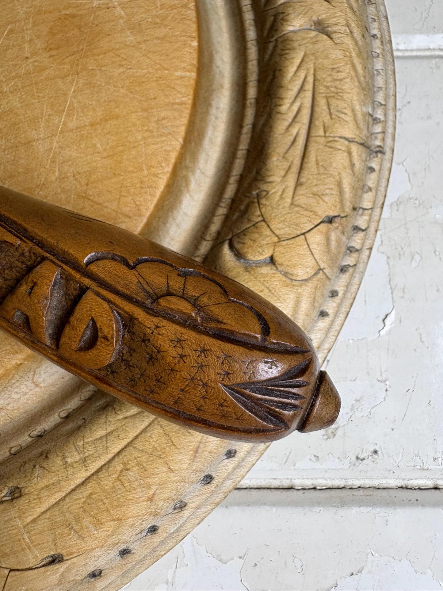 Antique carved handle, treen handle, Bread cutter.