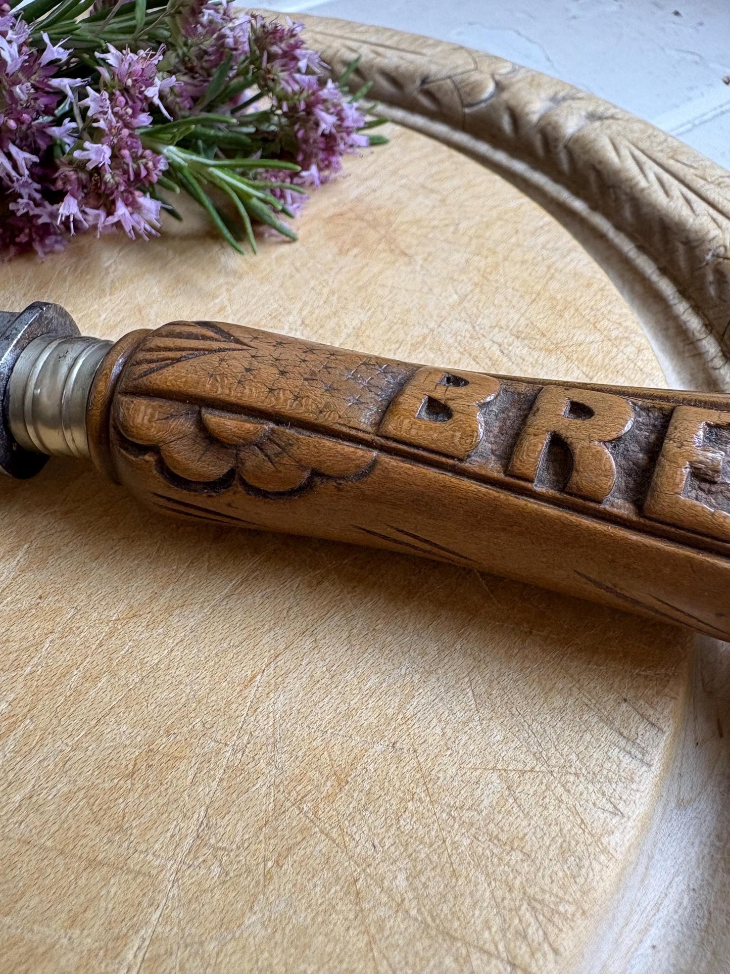 Antique carved handle, treen handle, Bread cutter.