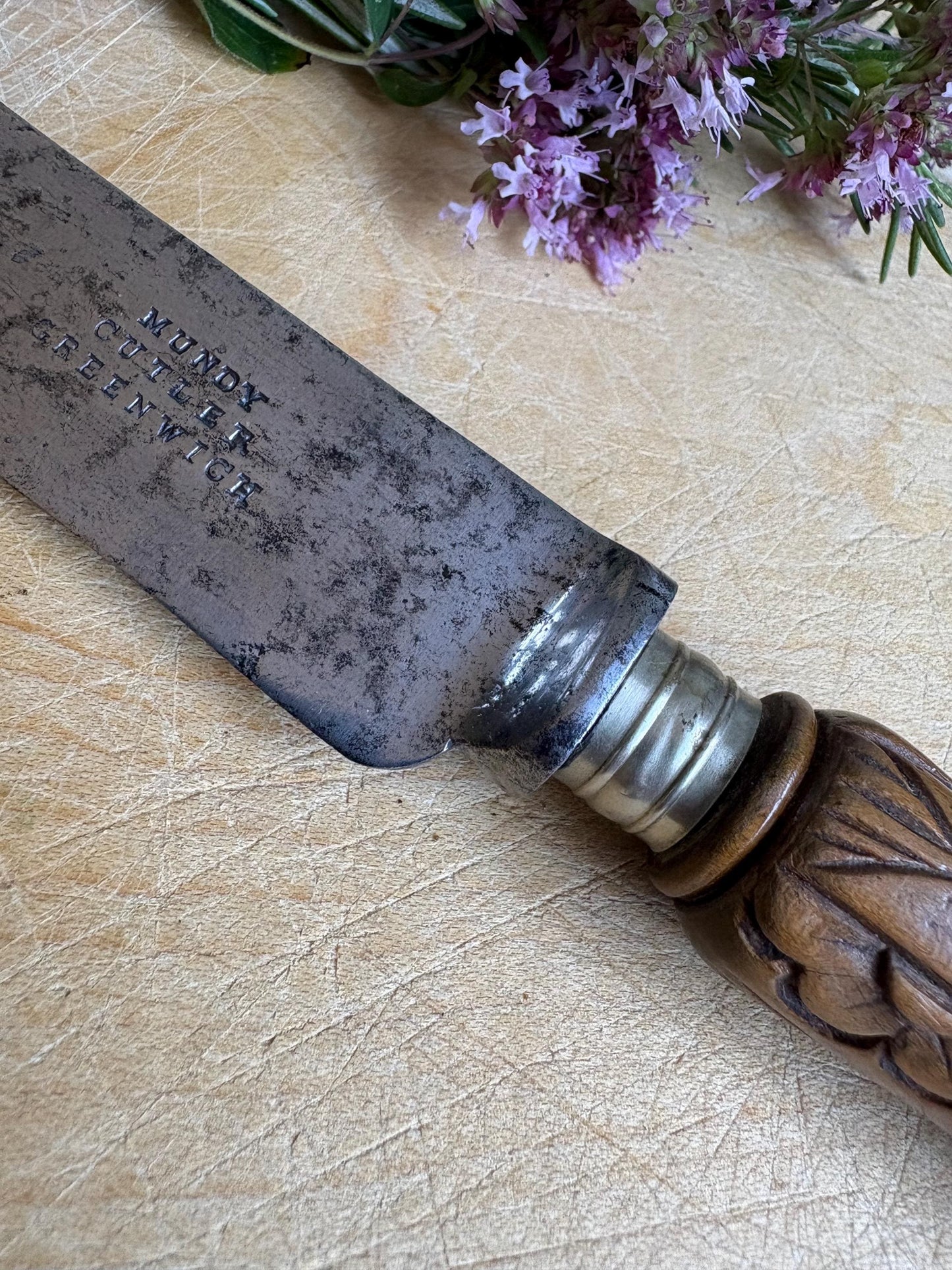 Antique carved handle, treen handle, Bread cutter.