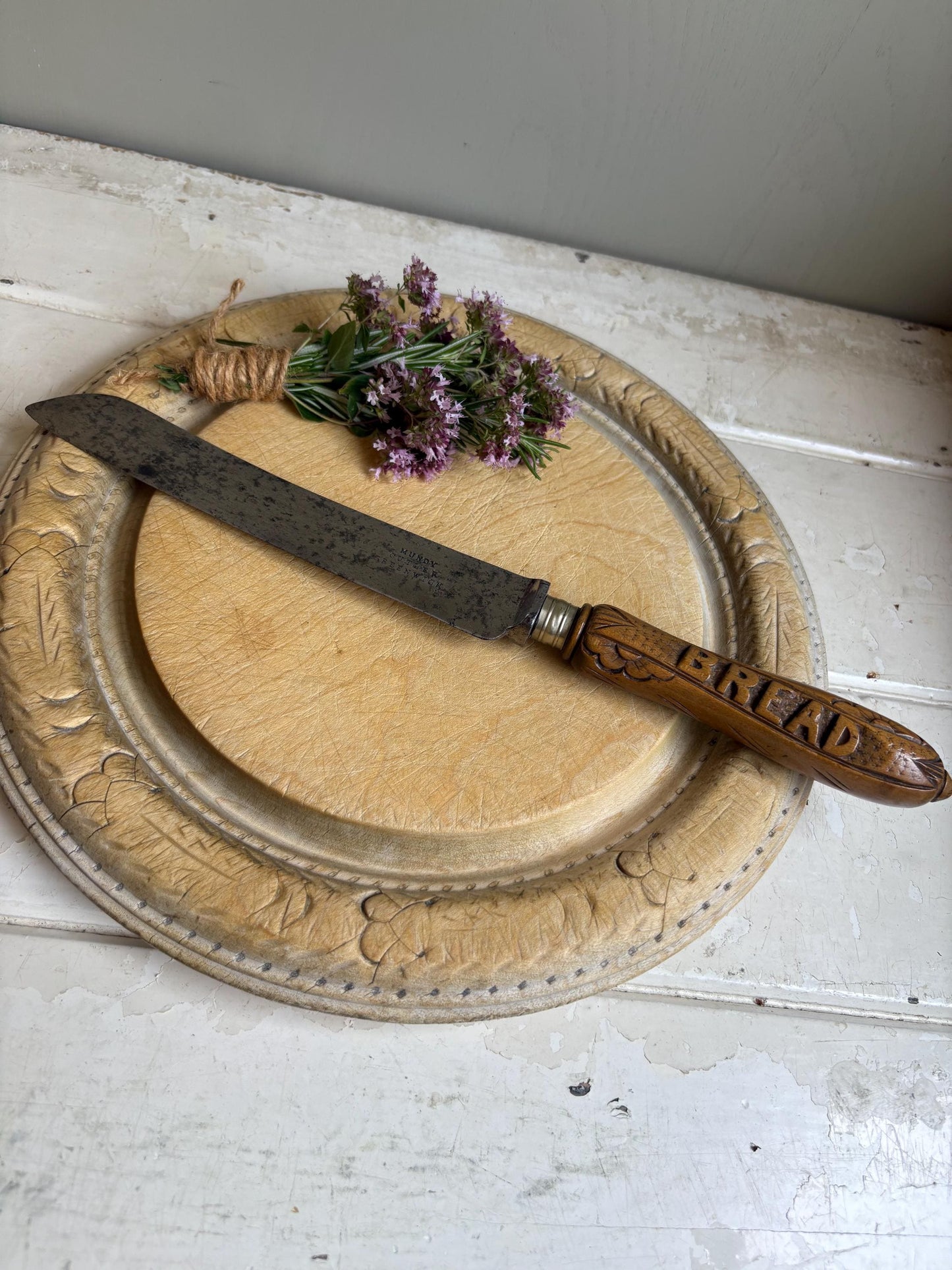 Antique carved handle, treen handle, Bread cutter.