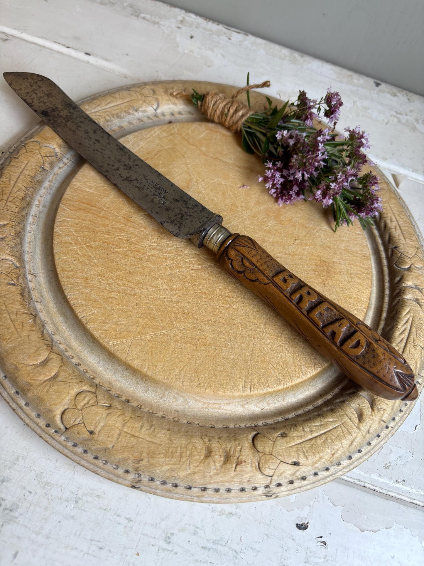 Antique carved handle, treen handle, Bread cutter.