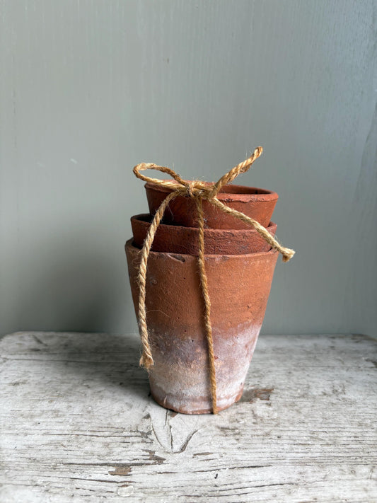 Trio of Three Old Clay Flowerpots, Terracotta Flower Pots.