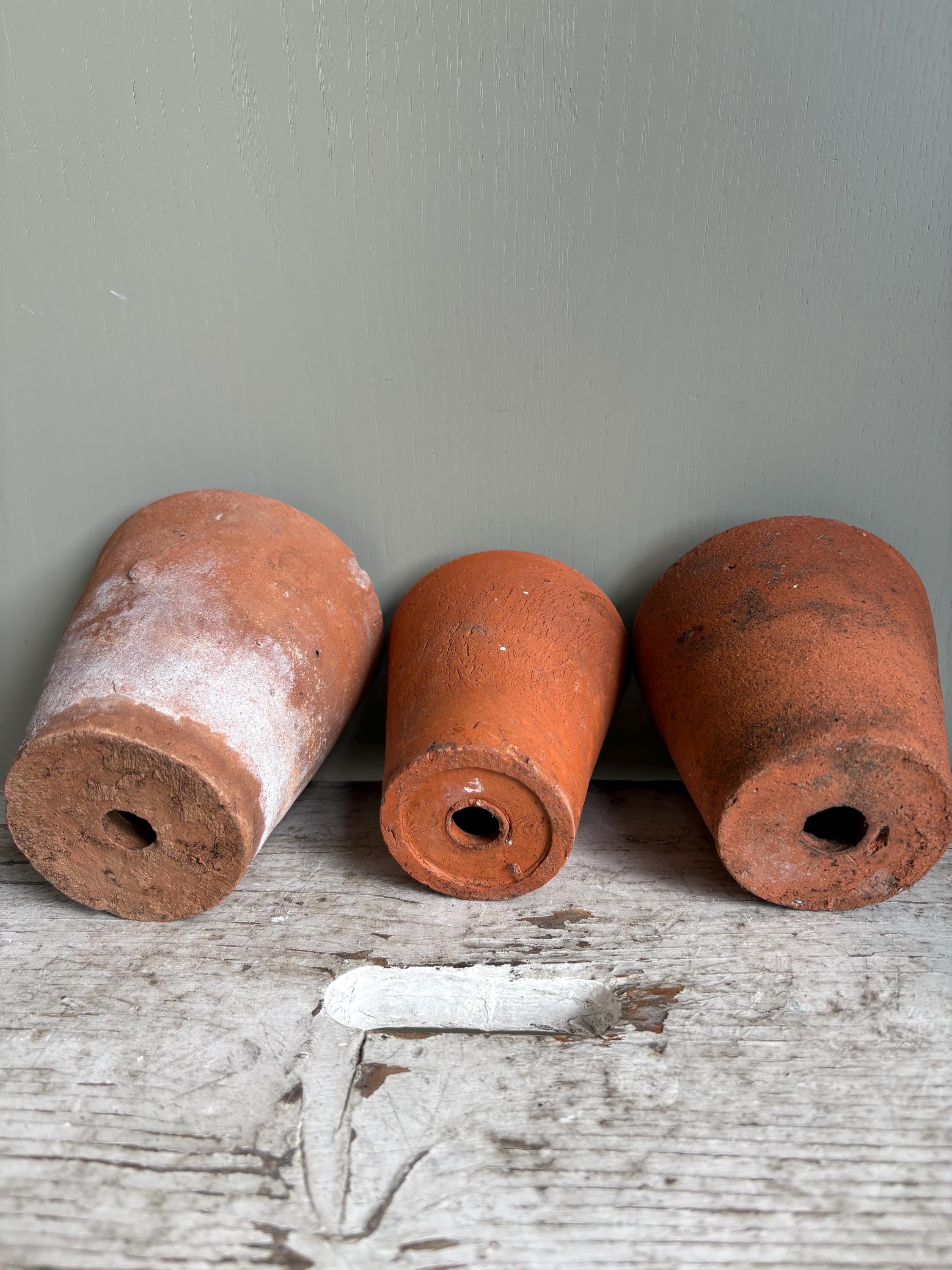 Trio of Three Old Clay Flowerpots, Terracotta Flower Pots.