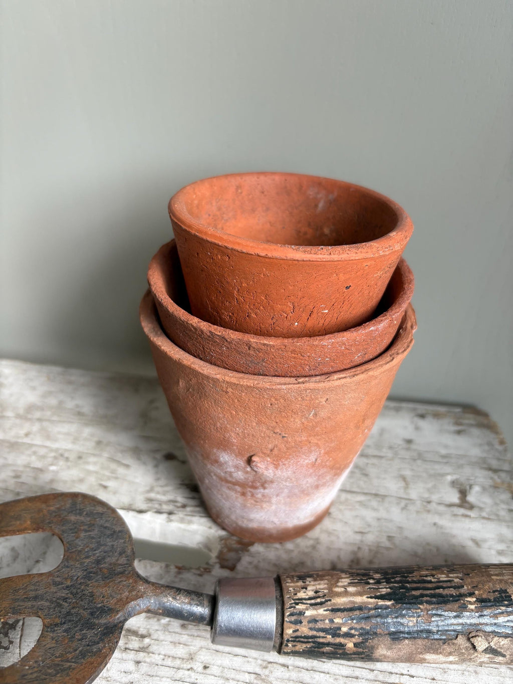 Trio of Three Old Clay Flowerpots, Terracotta Flower Pots.
