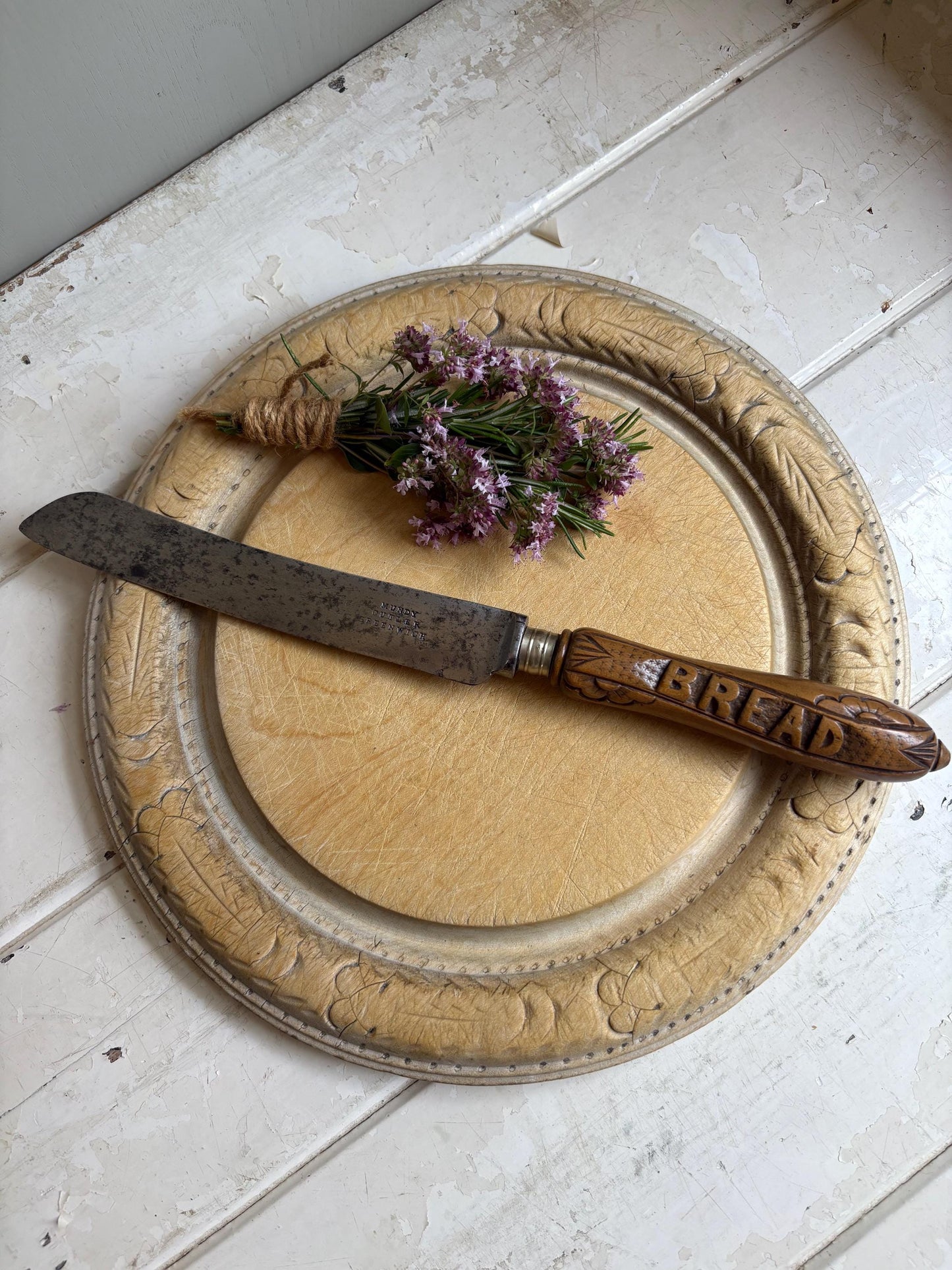 Antique carved handle, treen handle, Bread cutter.