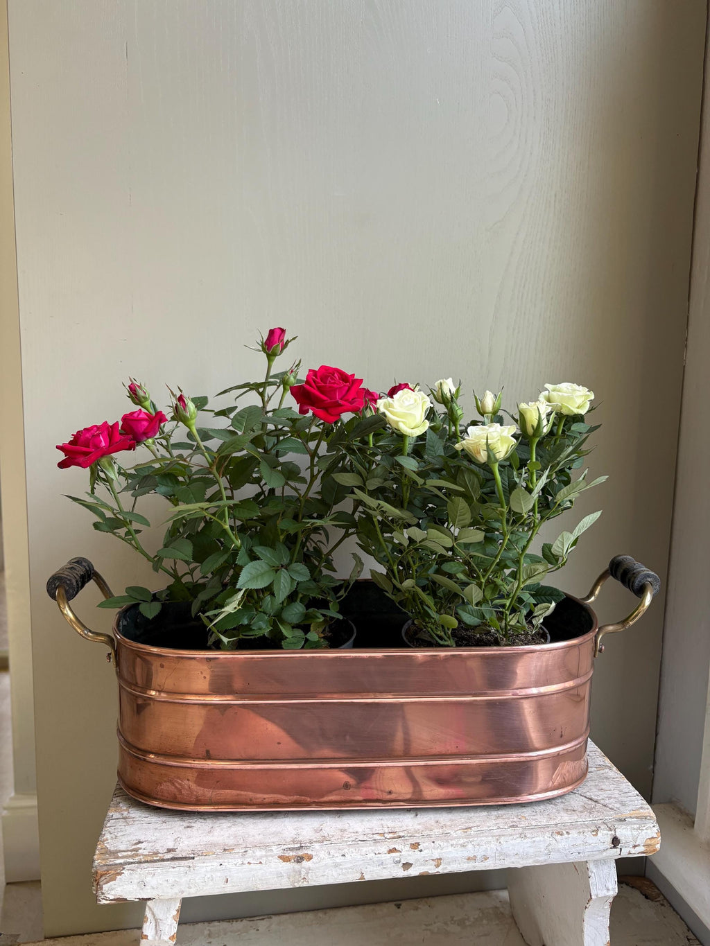 Vintage Copper Windowsill Planter: Handmade Brass & Wood Handles