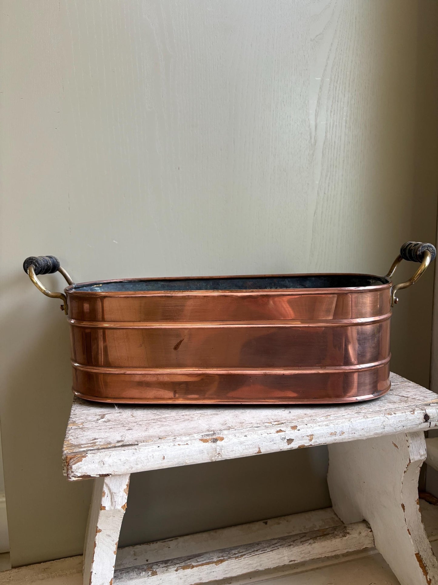 Vintage Copper Windowsill Planter: Handmade Brass & Wood Handles