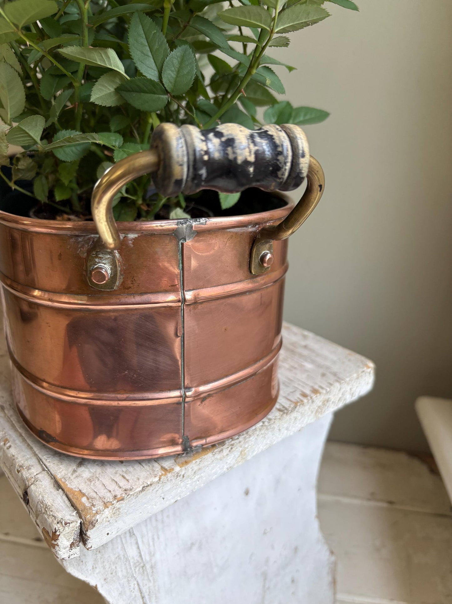Vintage Copper Windowsill Planter: Handmade Brass & Wood Handles