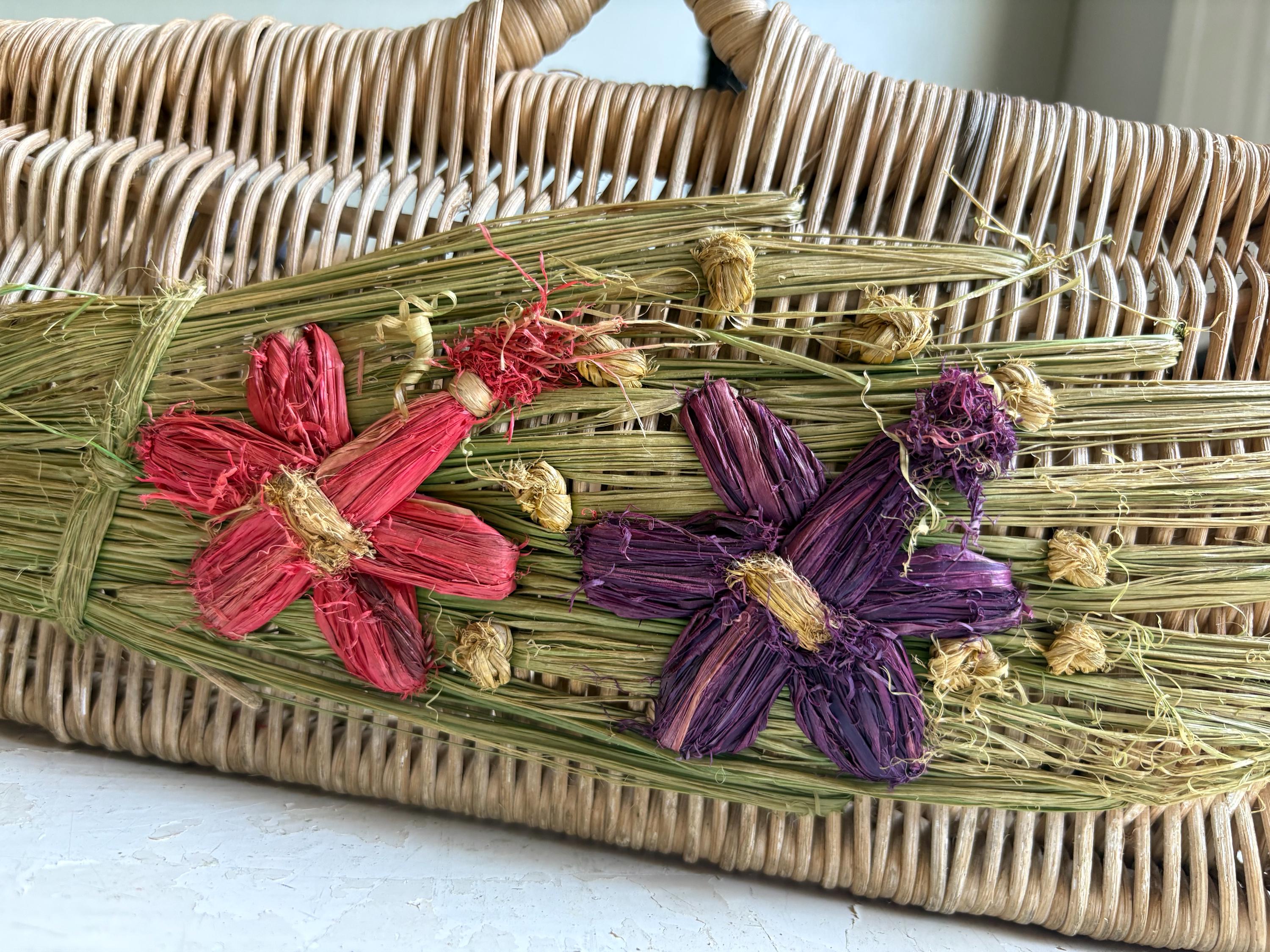 Vintage Wicker Basket with Woven Flowers - 1950s/60s Display Piece