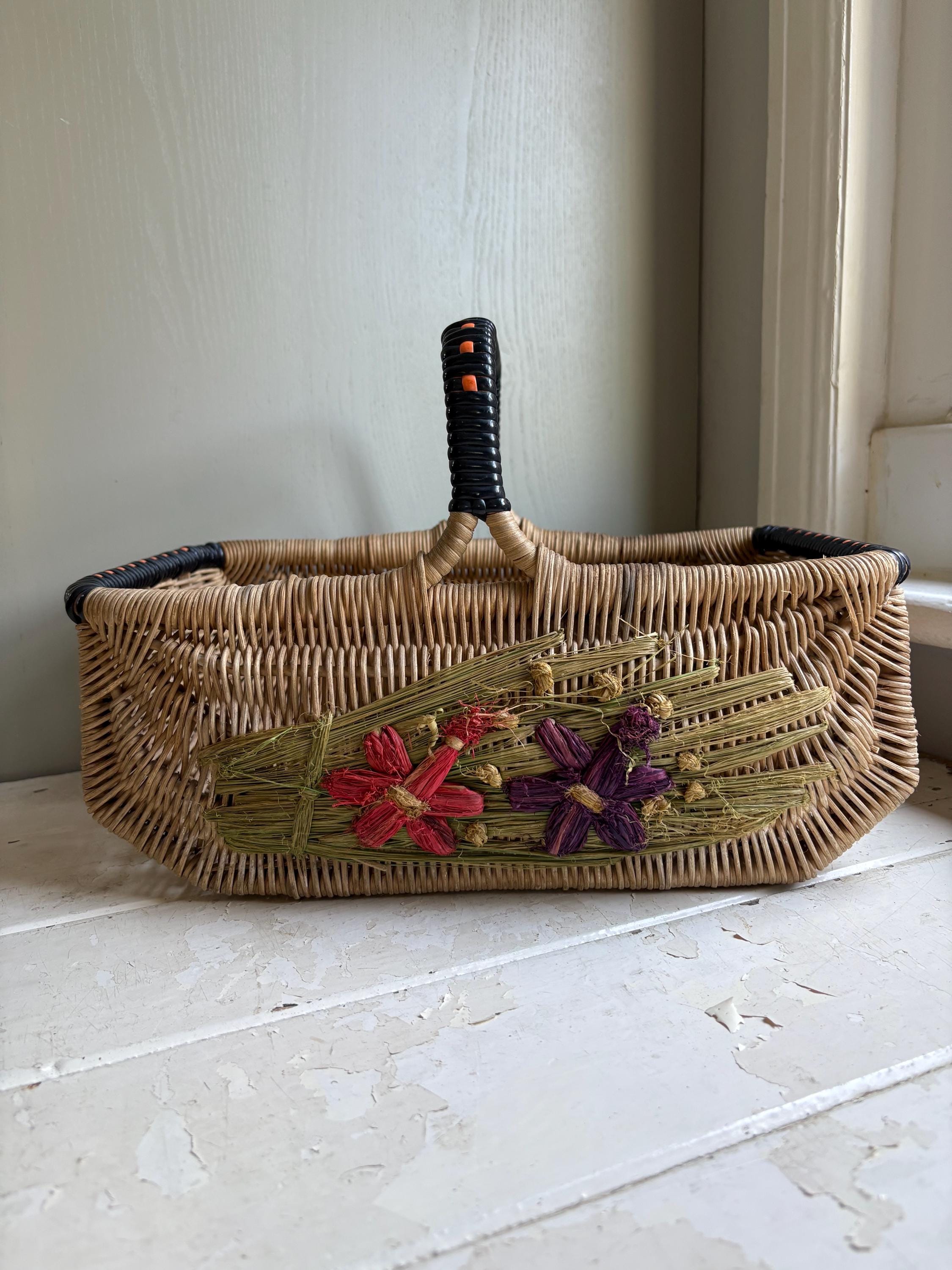 Vintage Wicker Basket with Woven Flowers - 1950s/60s Display Piece