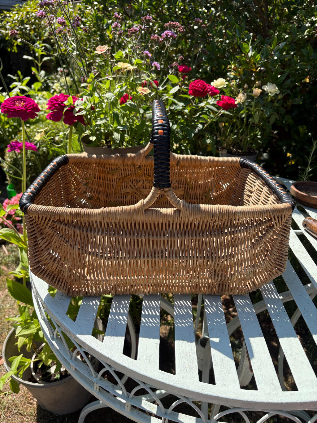Vintage Wicker Basket with Woven Flowers - 1950s/60s Display Piece