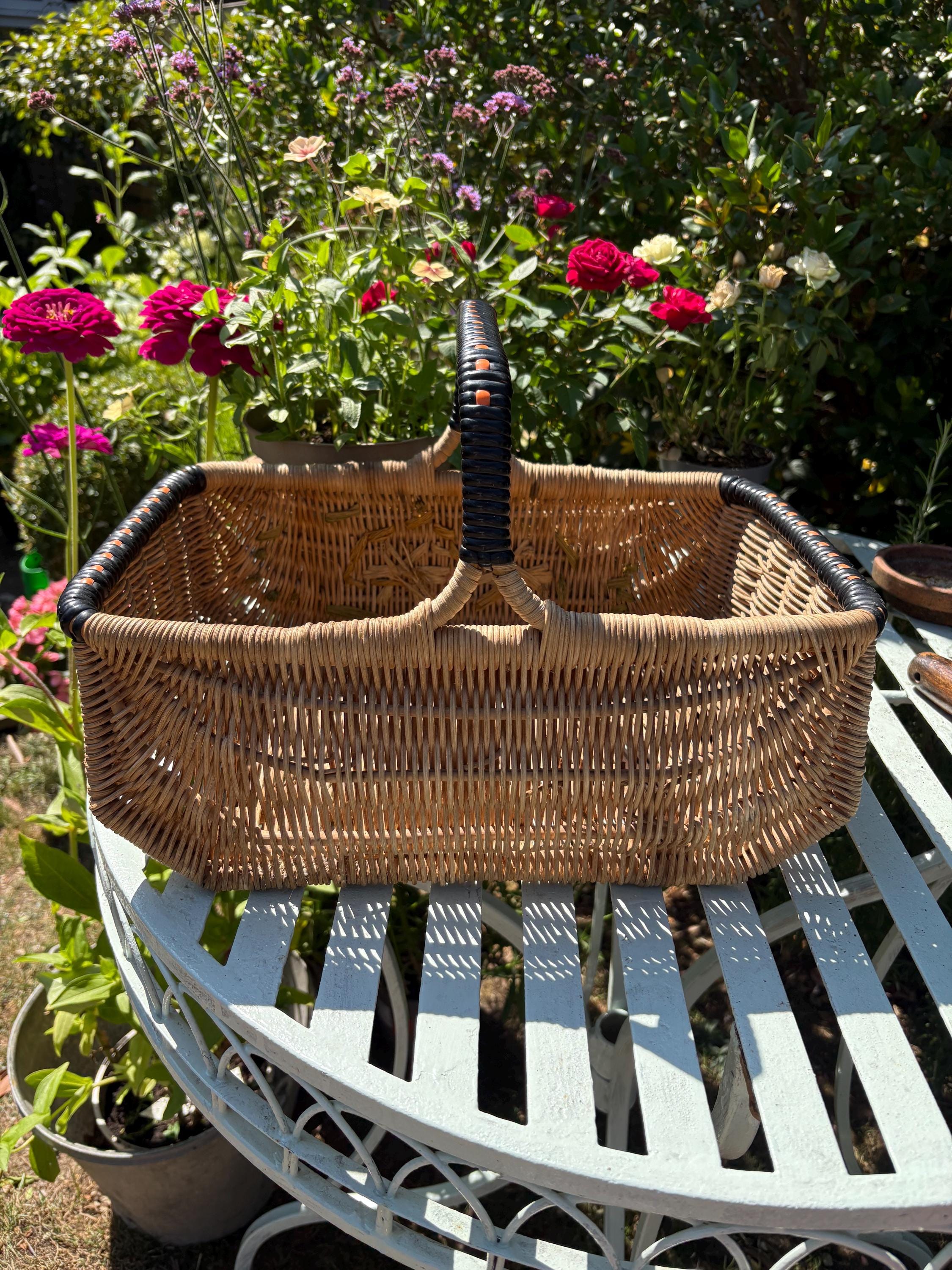Vintage Wicker Basket with Woven Flowers - 1950s/60s Display Piece