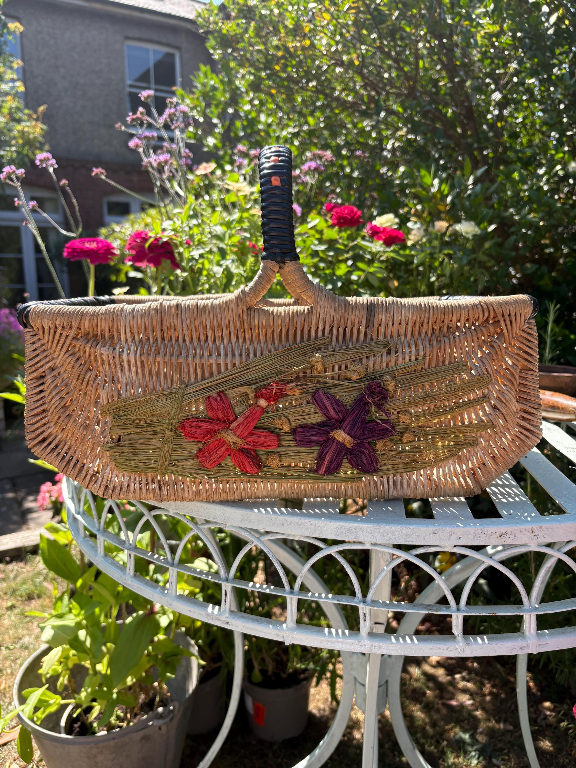 Vintage Wicker Basket with Woven Flowers - 1950s/60s Display Piece
