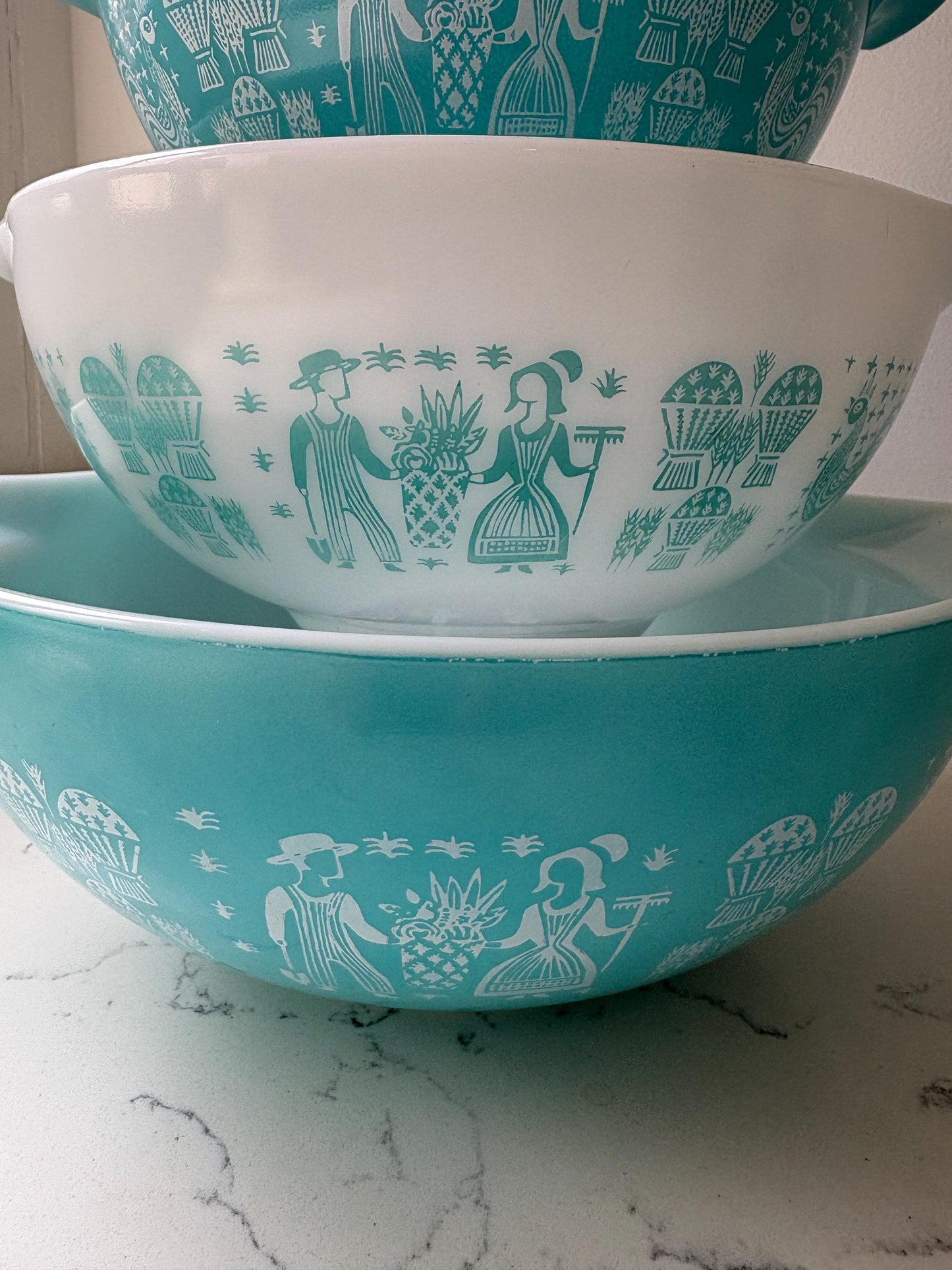 PYREX Amish Butterprint Turquoise Cinderella Nesting Bowls, Vintage Pyrex.