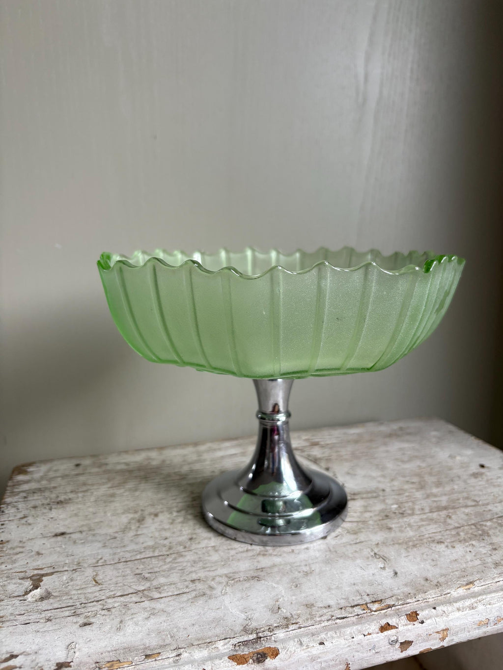 Vintage Footed Green Glass Pedestal Bowl