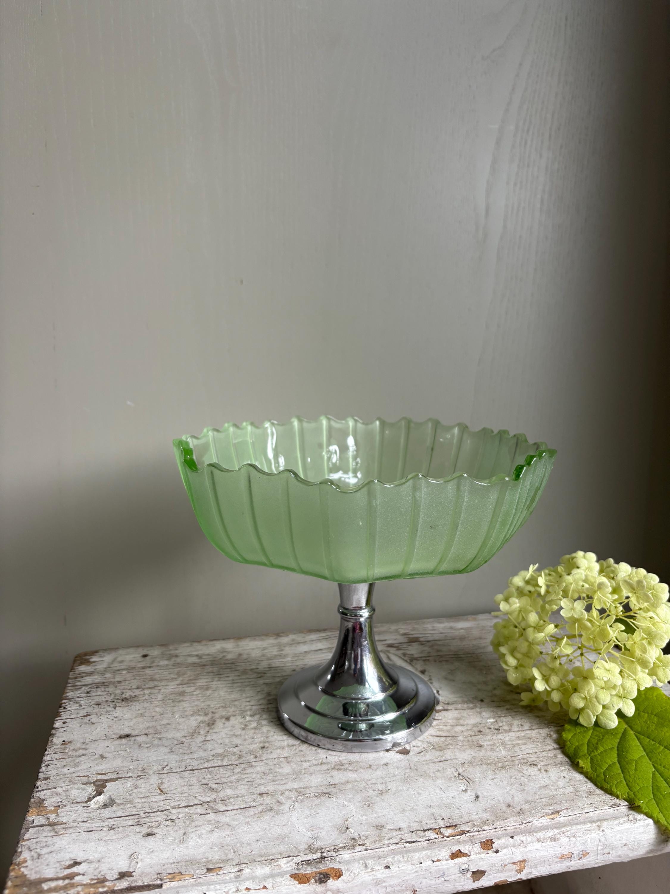 Vintage Footed Green Glass Pedestal Bowl