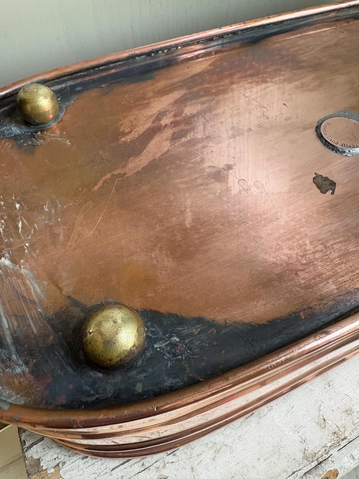 Vintage Copper Windowsill Planter: Handmade Brass & Wood Handles