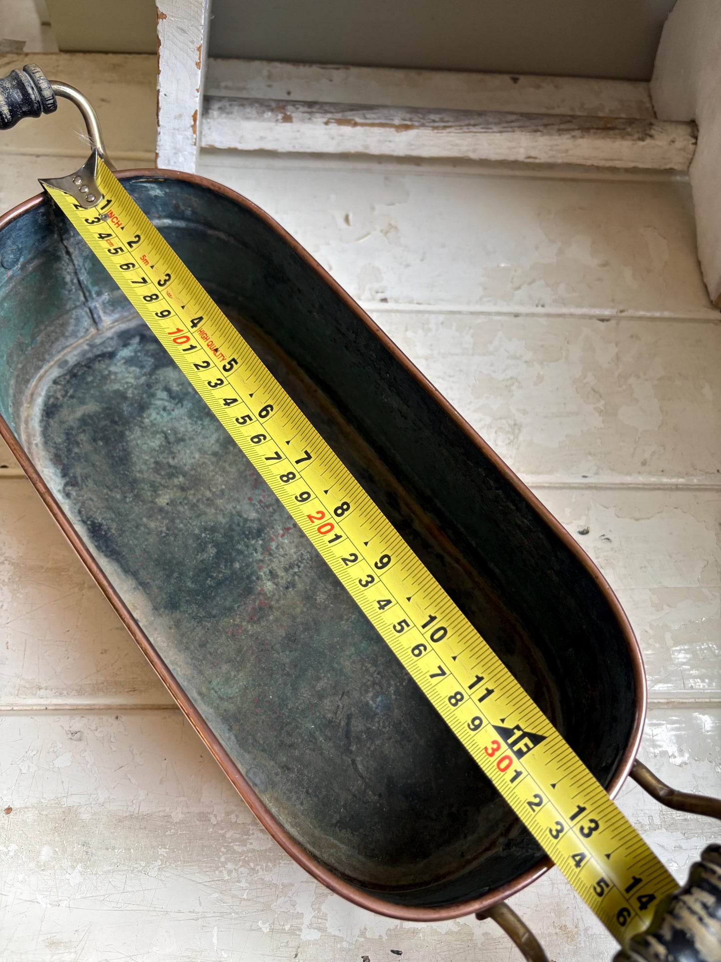 Vintage Copper Windowsill Planter: Handmade Brass & Wood Handles
