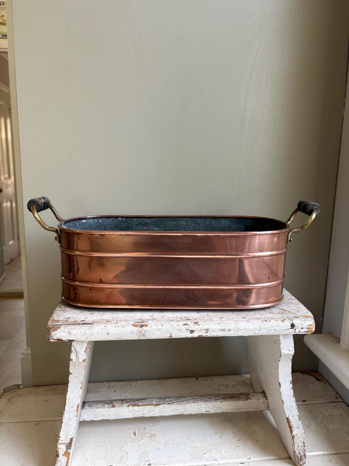Vintage Copper Windowsill Planter: Handmade Brass & Wood Handles