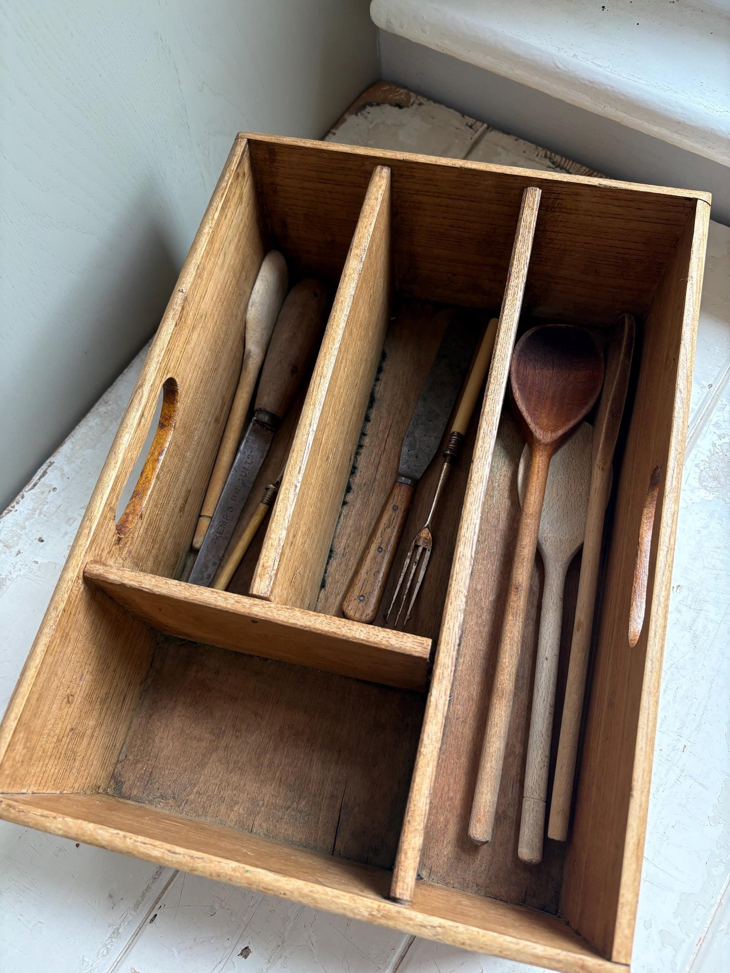 Deep Vintage Cutlery Tray, Cutlery Holder, Shelves.