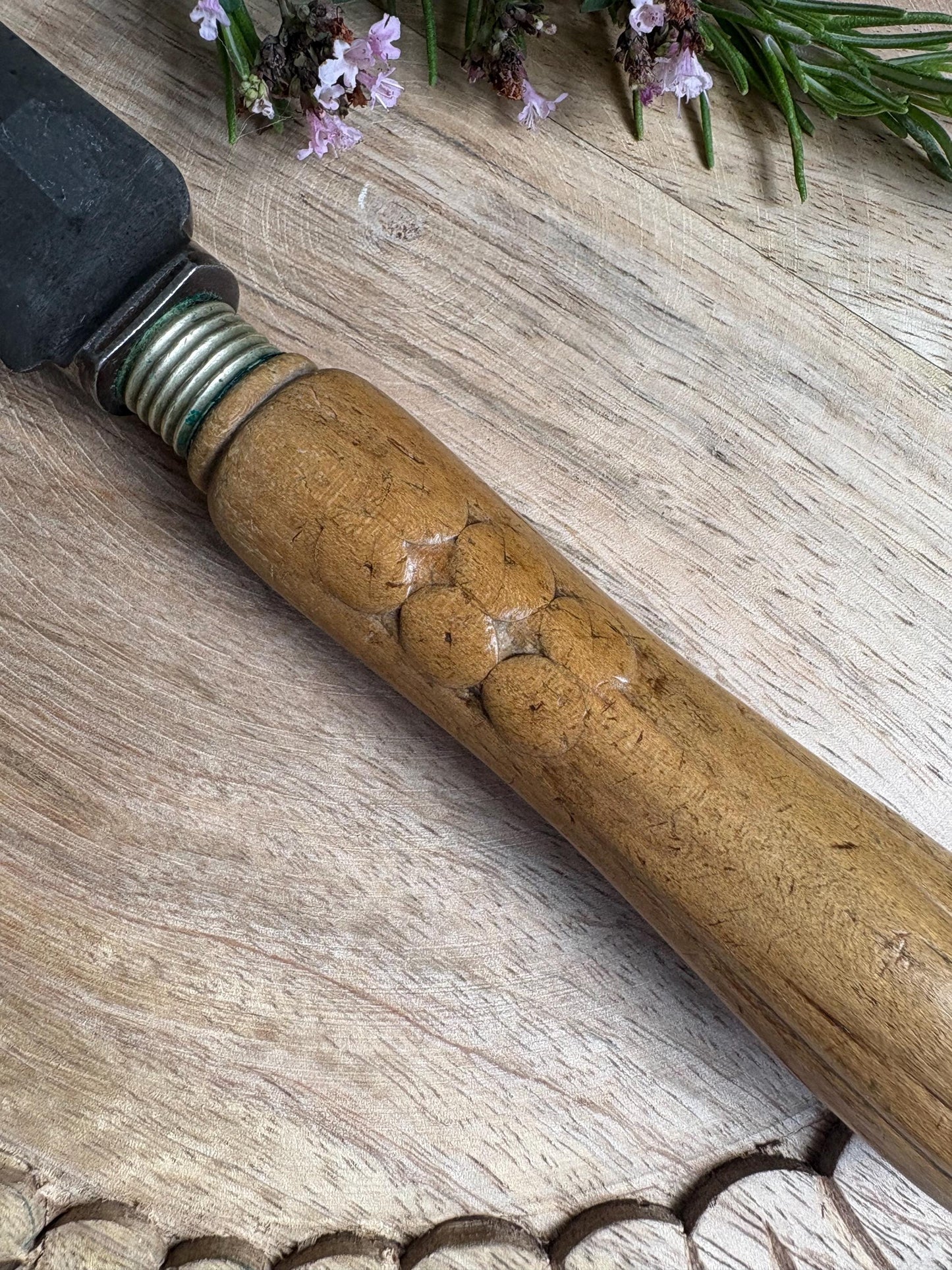 Antique Bead Treen Handle, Old English Bread Cutter.