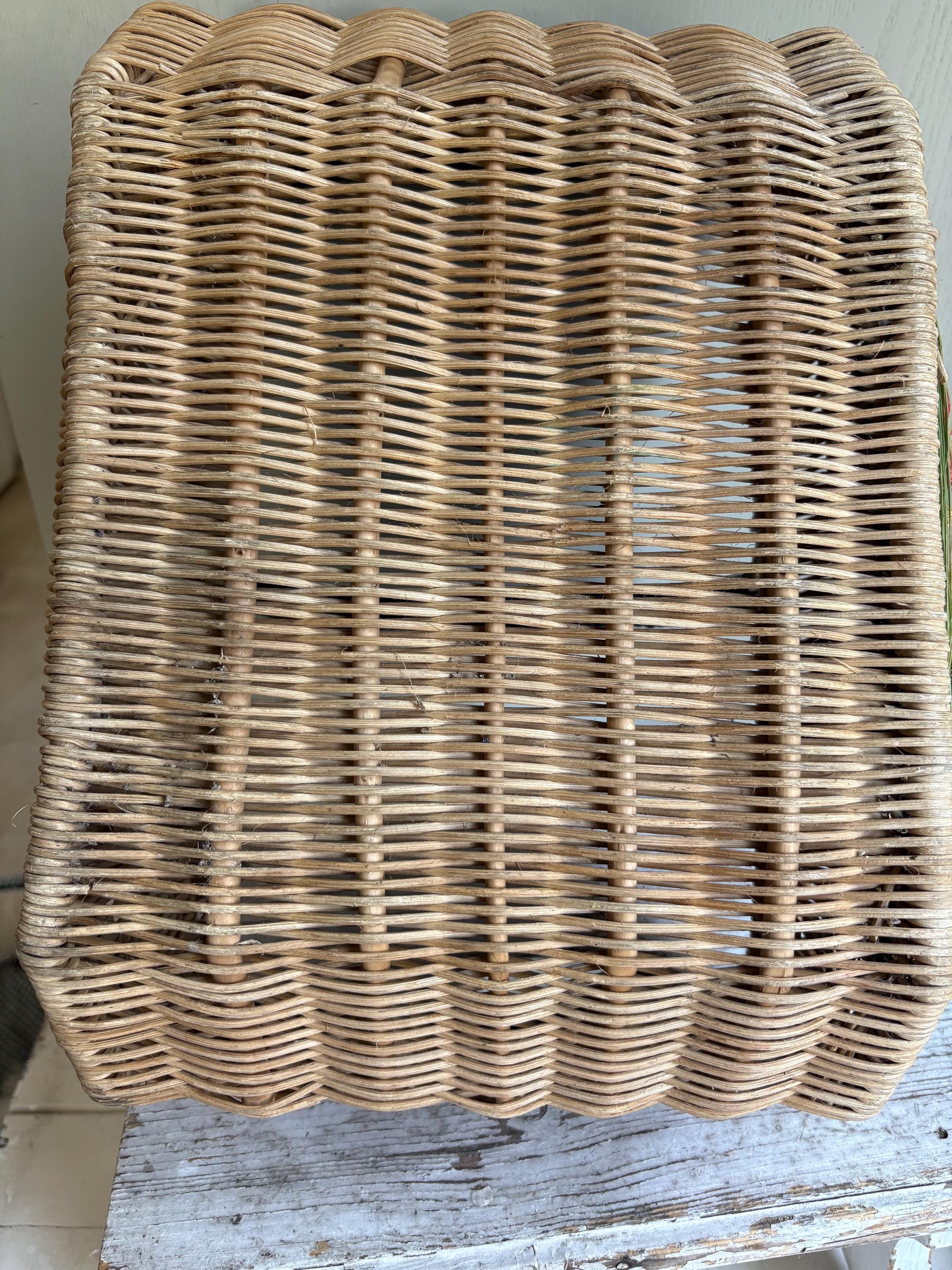 Vintage Wicker Basket with Woven Flowers - 1950s/60s Display Piece