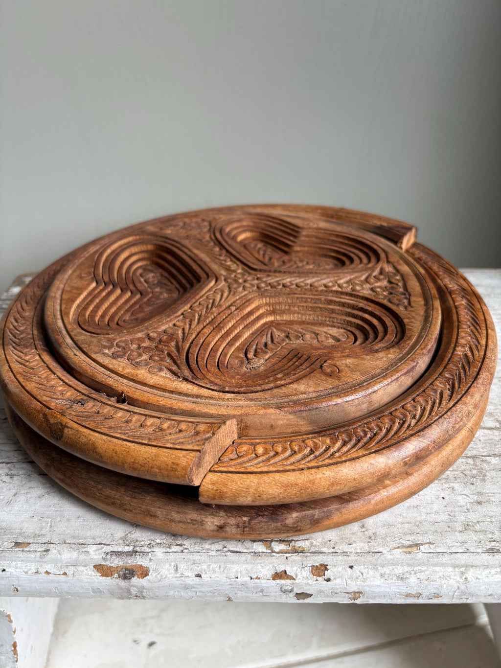 Vintage Collapsible Wooden Basket: Carved Heart Compartments