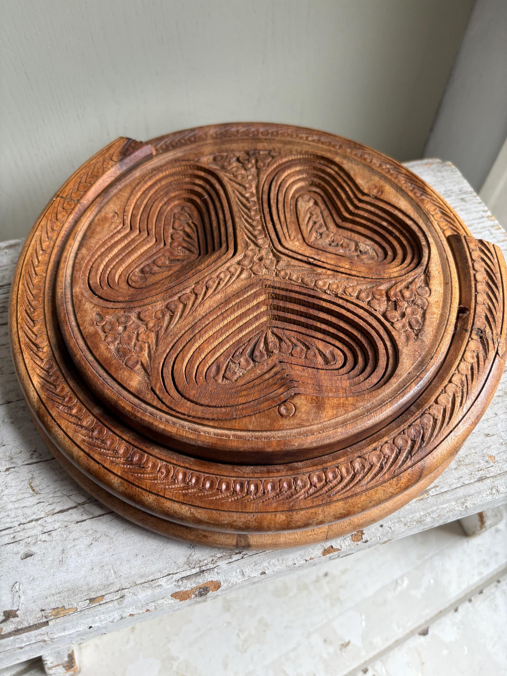 Vintage Collapsible Wooden Basket: Carved Heart Compartments