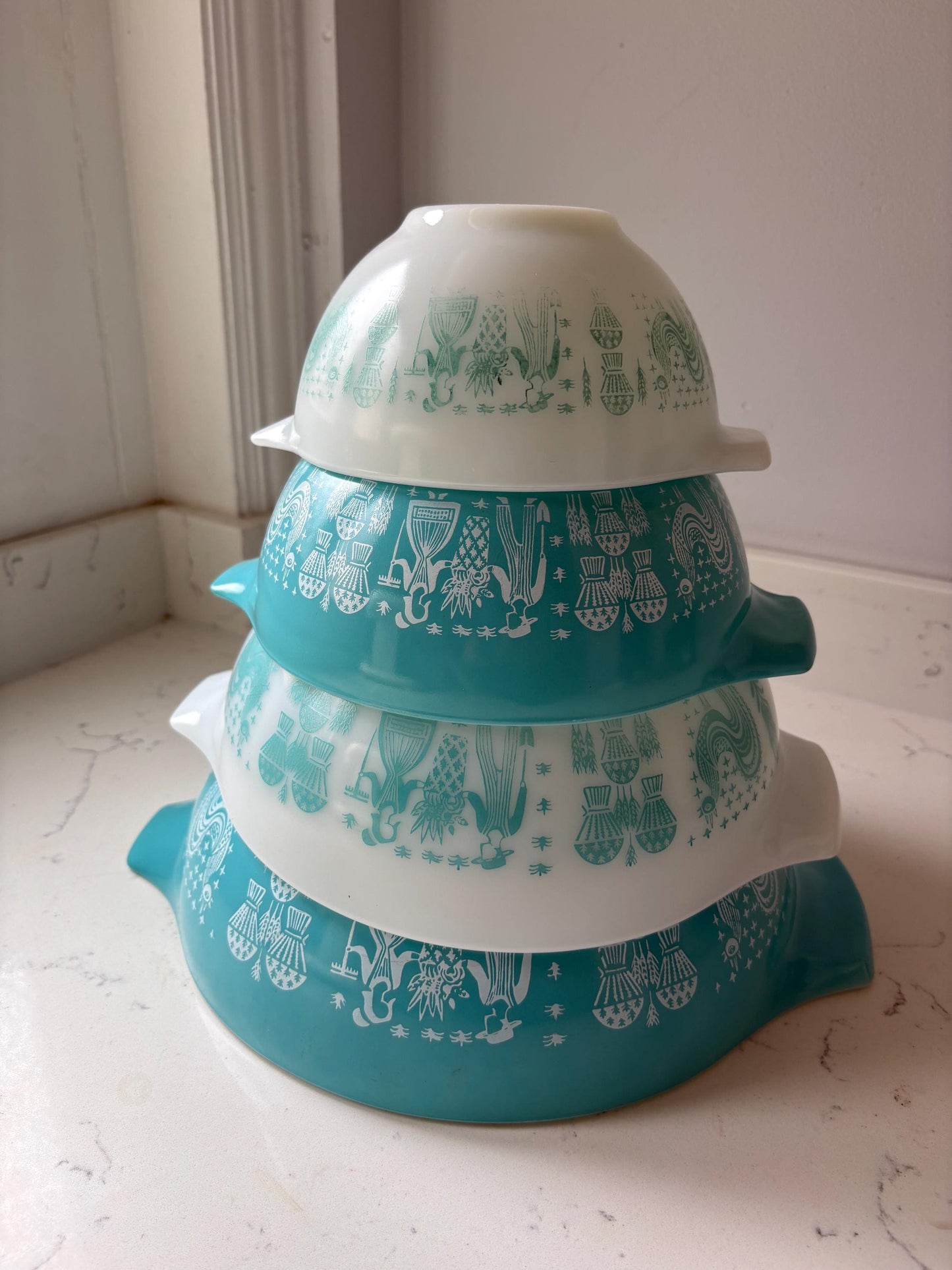PYREX Amish Butterprint Turquoise Cinderella Nesting Bowls, Vintage Pyrex.