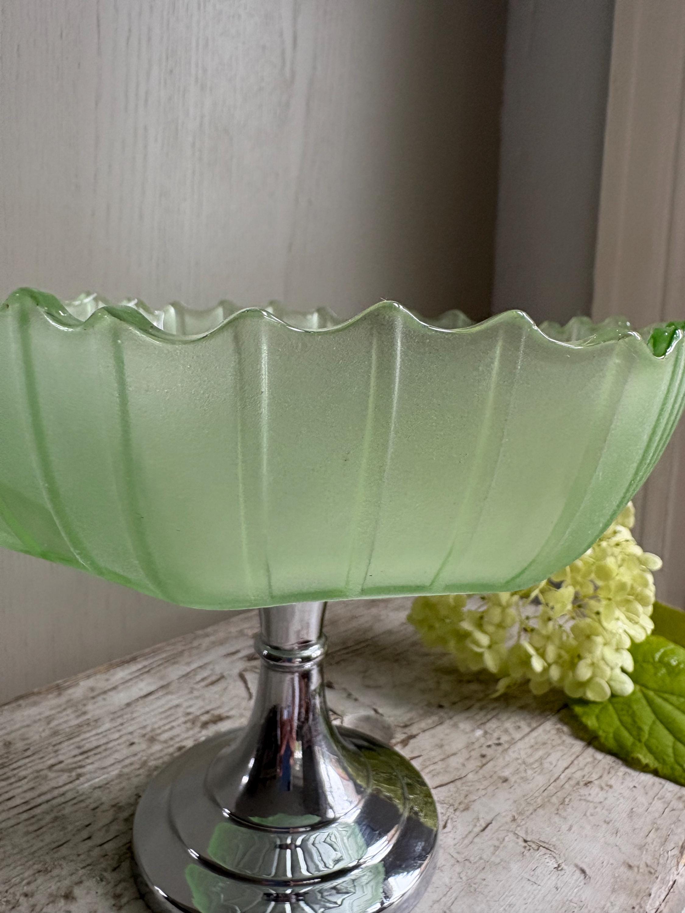 Vintage Footed Green Glass Pedestal Bowl