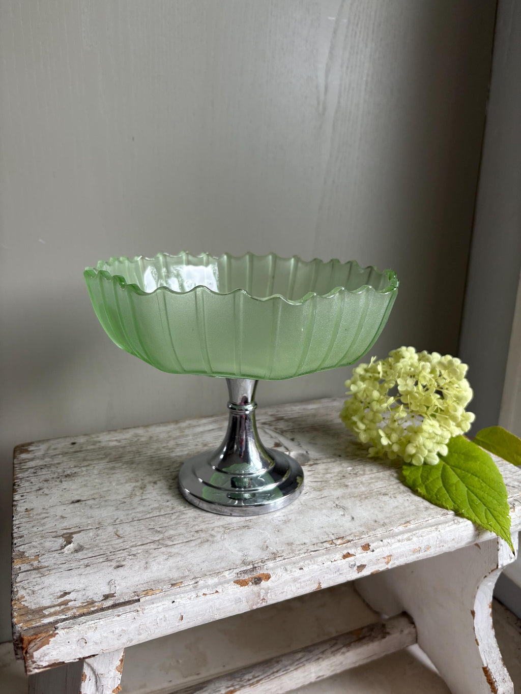 Vintage Footed Green Glass Pedestal Bowl