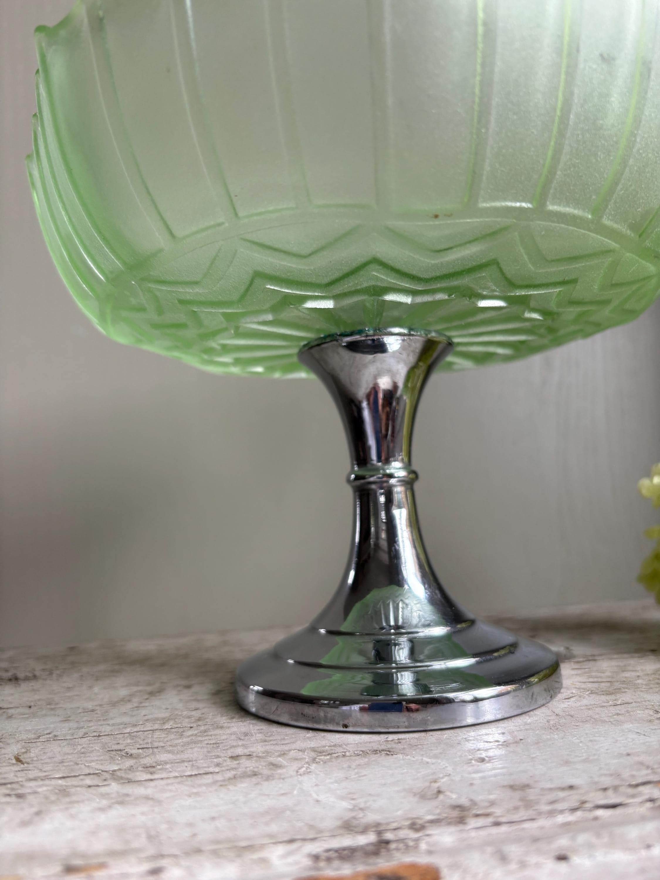 Vintage Footed Green Glass Pedestal Bowl