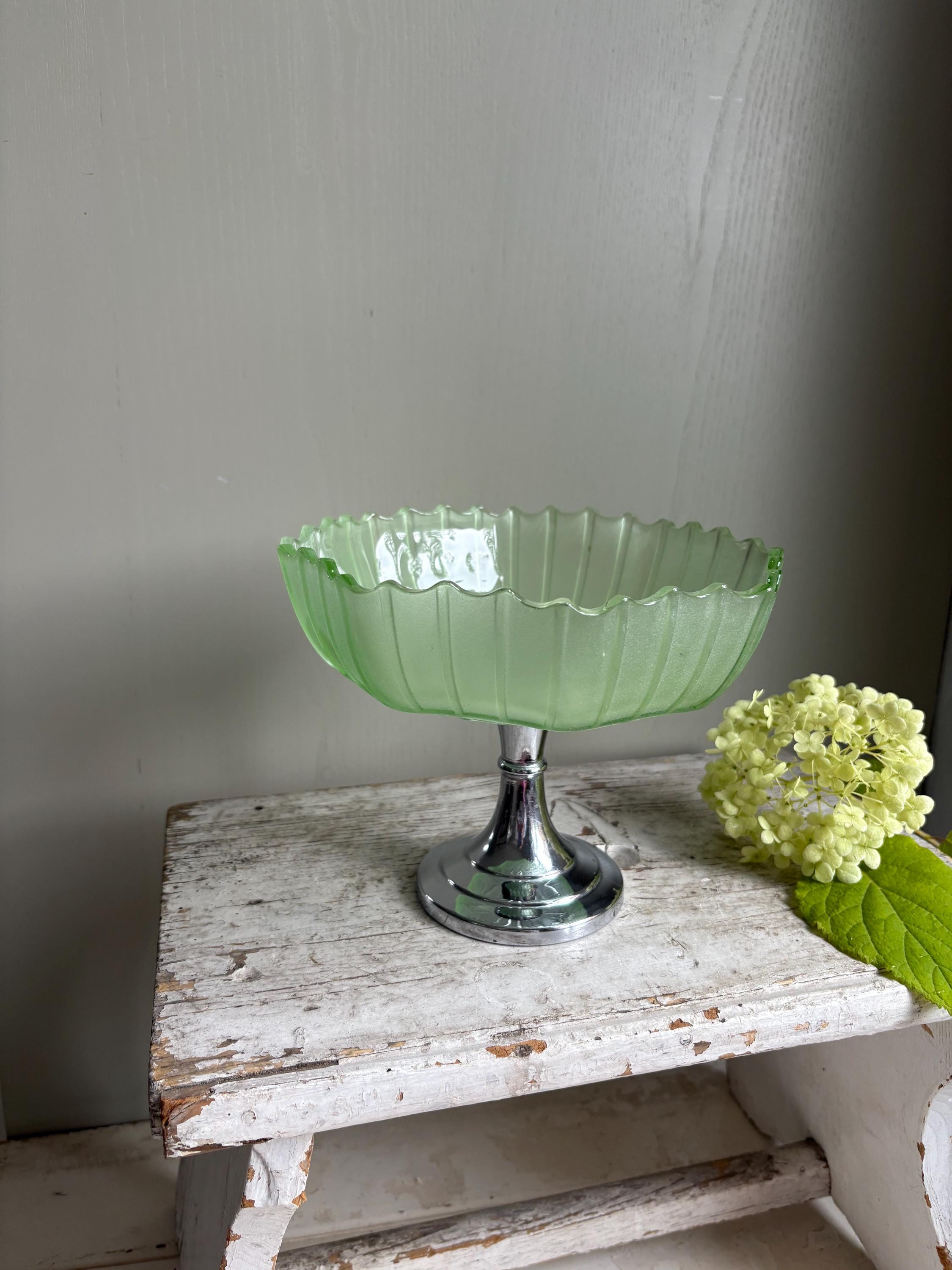 Vintage Footed Green Glass Pedestal Bowl