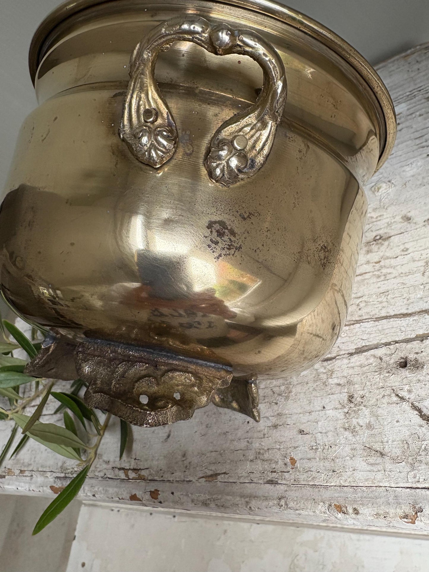 Brass Planter - Three footed plant pot with side handles, Indoor house planter.