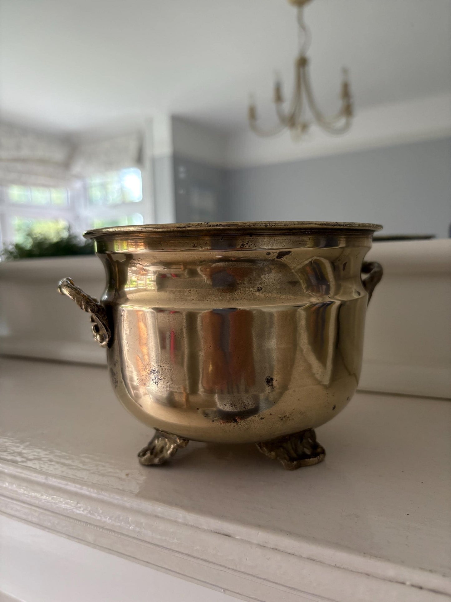 Brass Planter - Three footed plant pot with side handles, Indoor house planter.