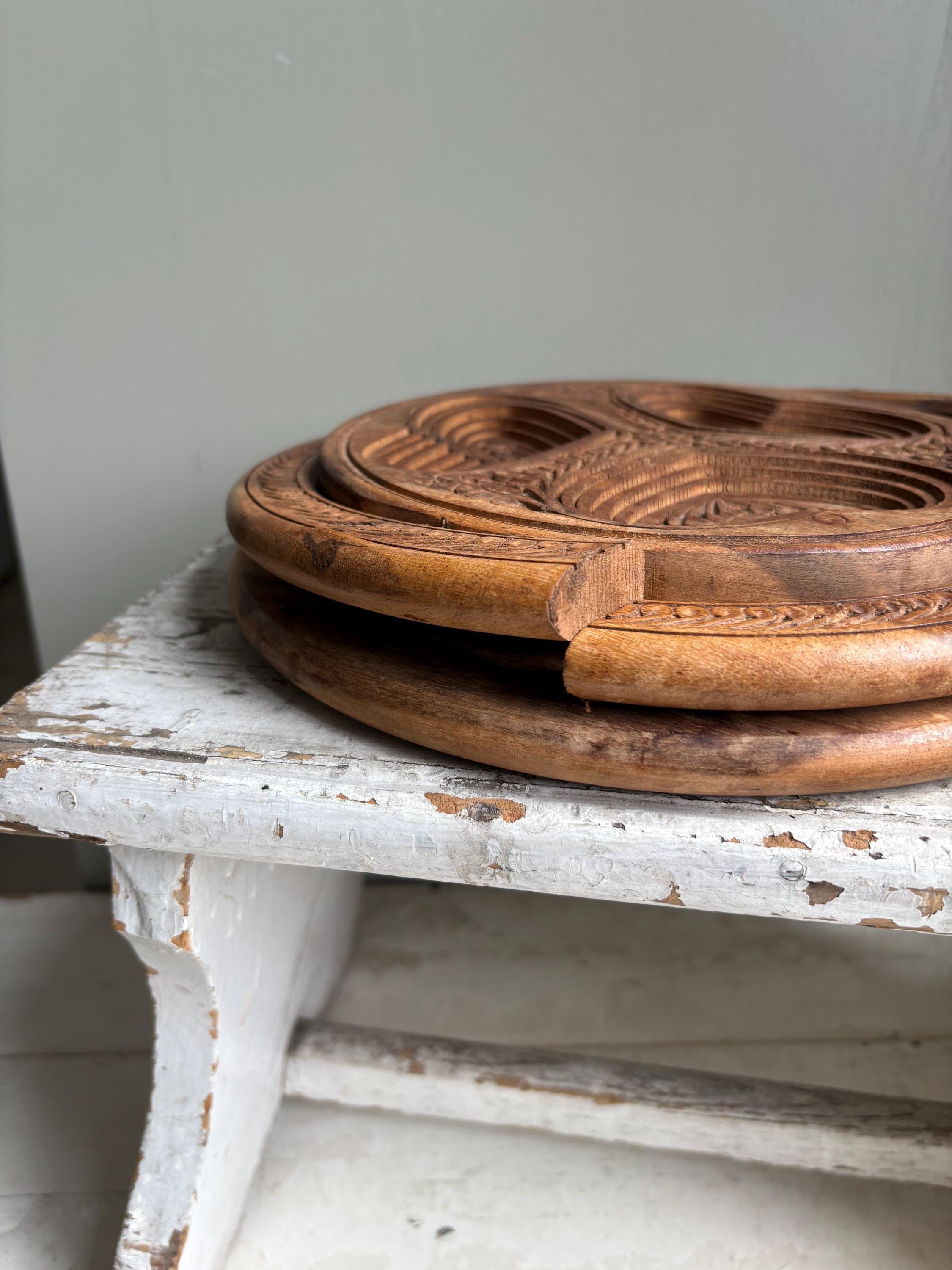 Vintage Collapsible Wooden Basket: Carved Heart Compartments