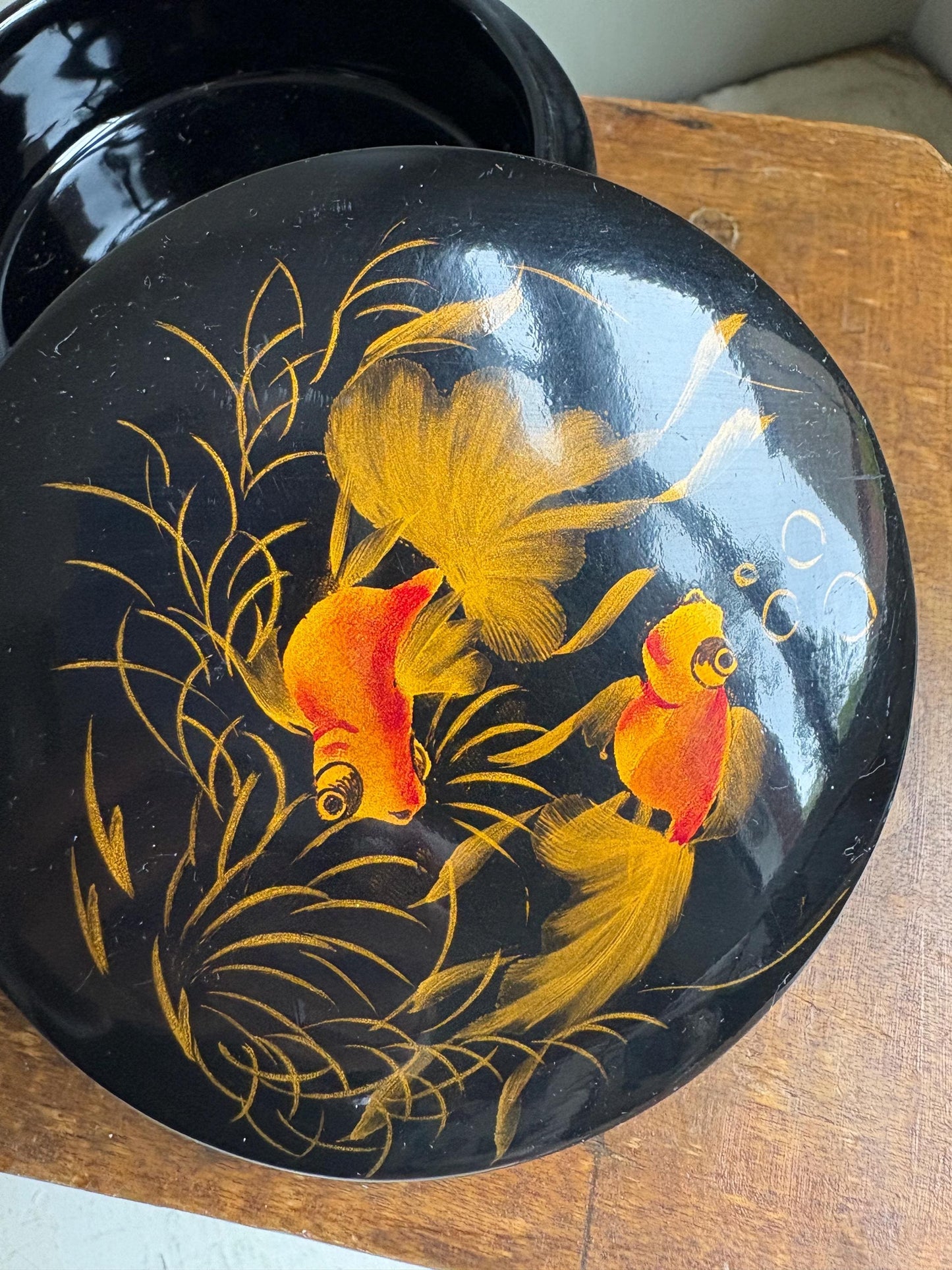 Vintage Black Lacquerware Trinket Boxes: Goldfish Design, Pair