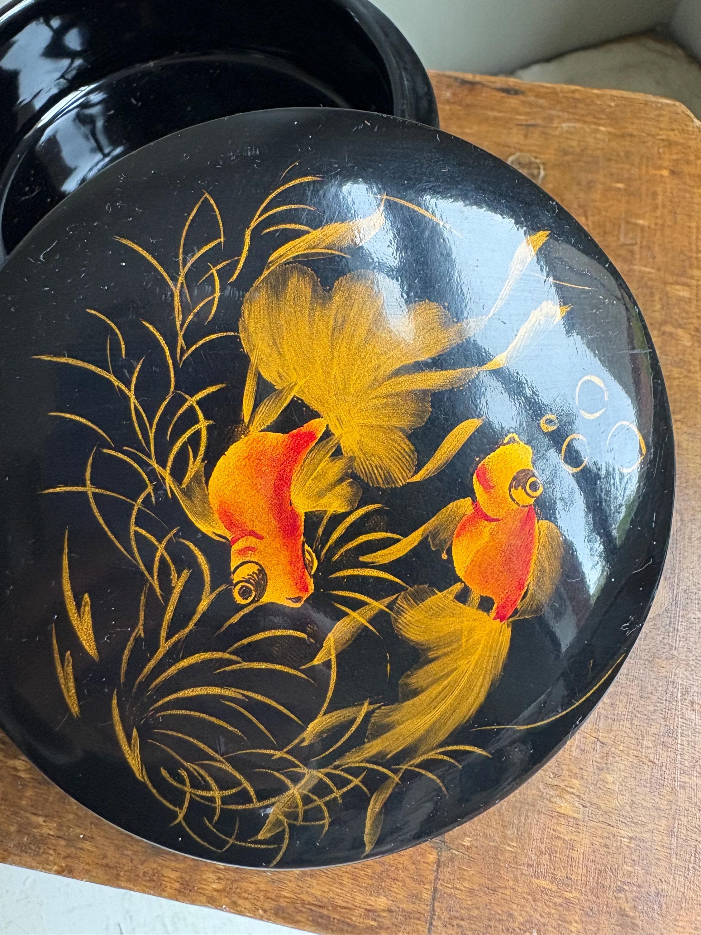 Vintage Black Lacquerware Trinket Boxes: Goldfish Design, Pair