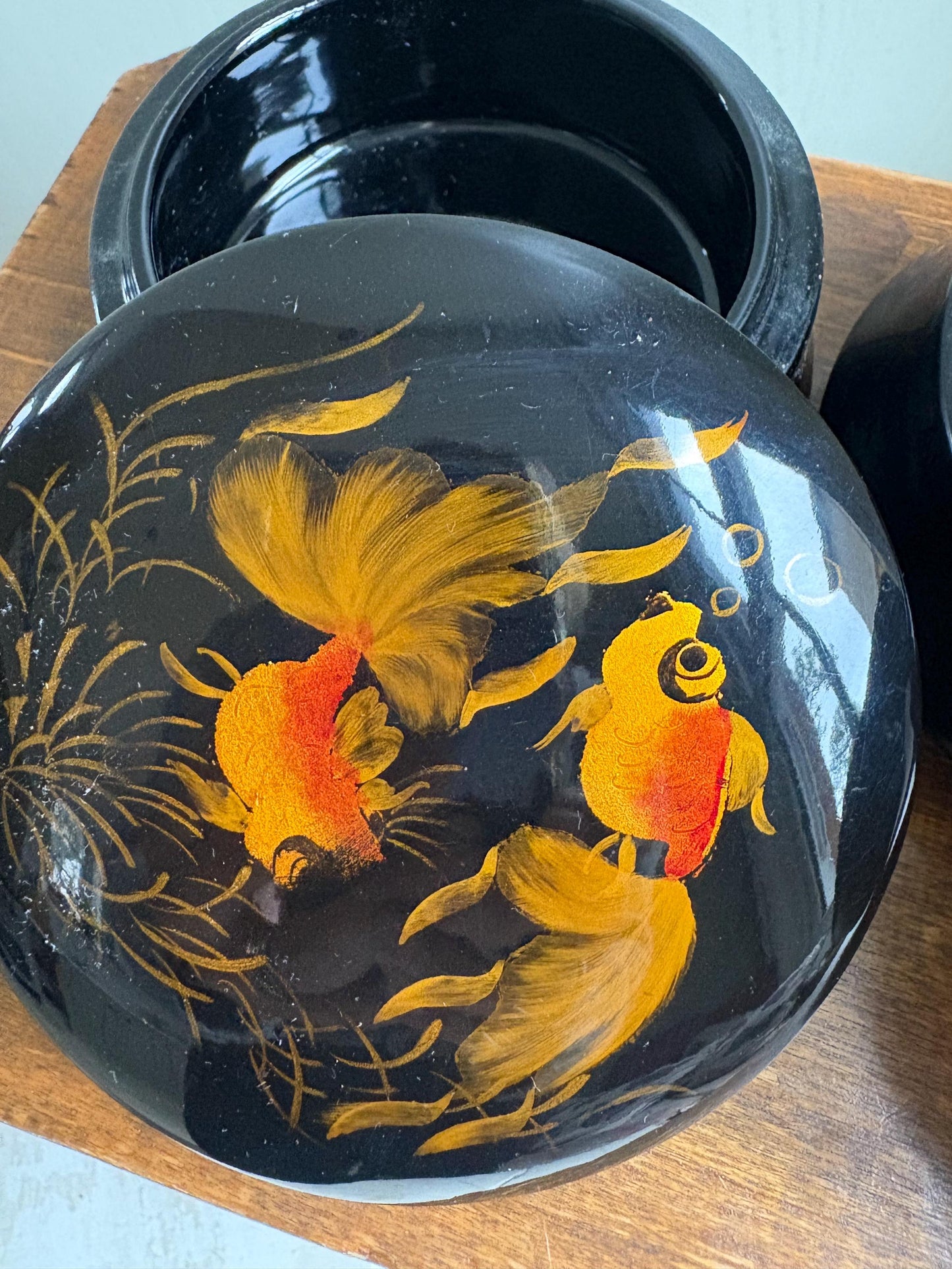 Vintage Black Lacquerware Trinket Boxes: Goldfish Design, Pair