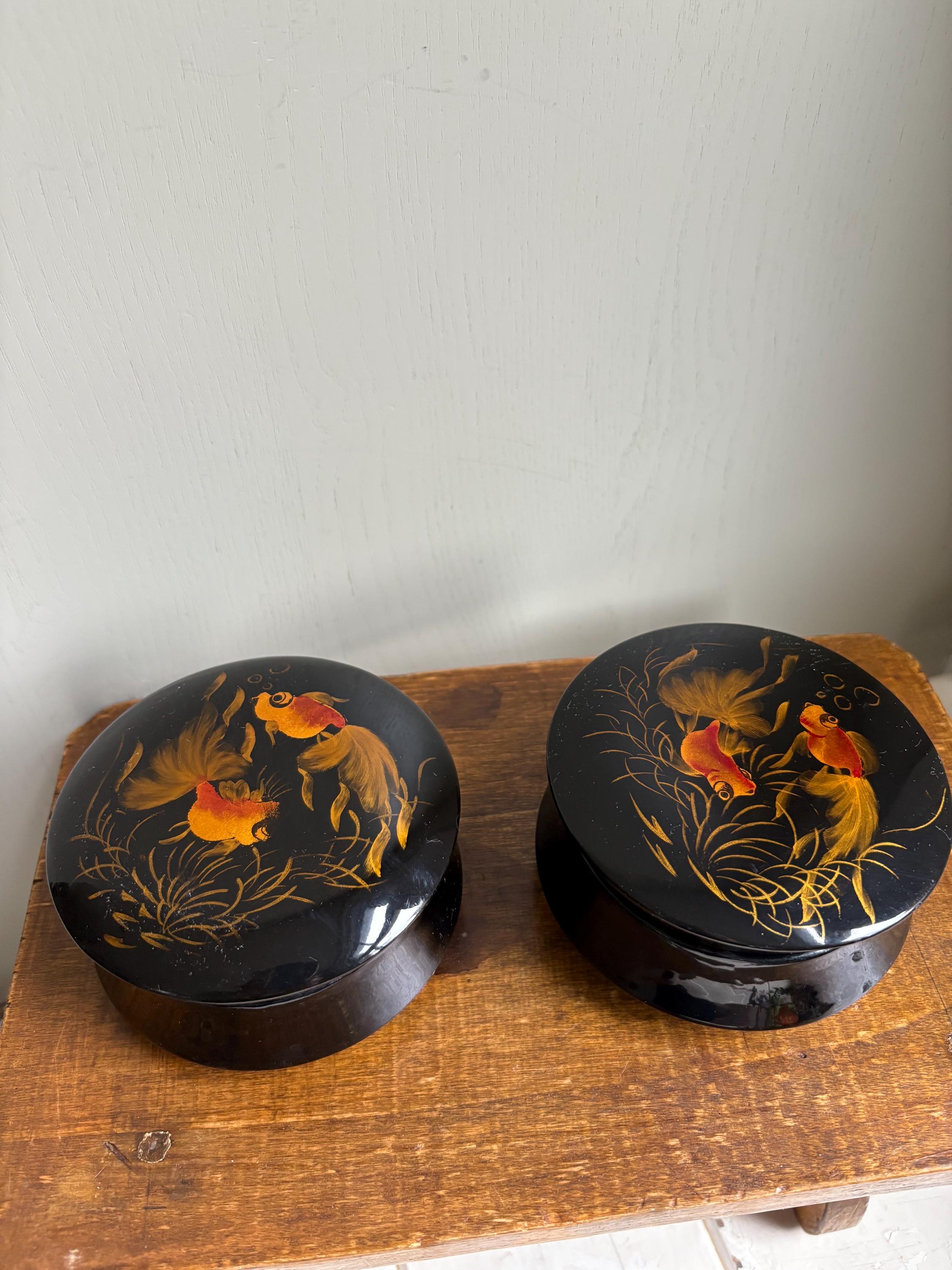 Vintage Black Lacquerware Trinket Boxes: Goldfish Design, Pair