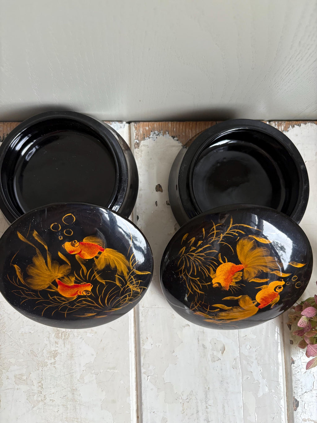 Vintage Black Lacquerware Trinket Boxes: Goldfish Design, Pair